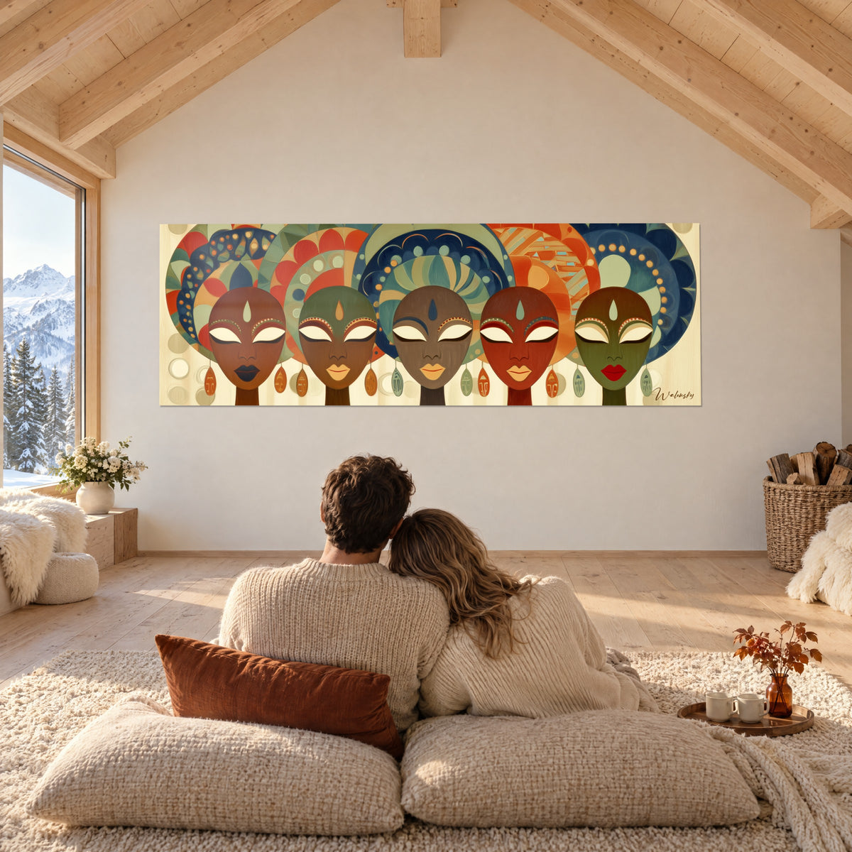 Gemälde kreisförmige Anordnung von fünf weiblichen Figuren mit verzierten Kopfbedeckungen, Ziegelrot und tiefes Blau, vom Kissenlager in einem Chalet aus betrachtet