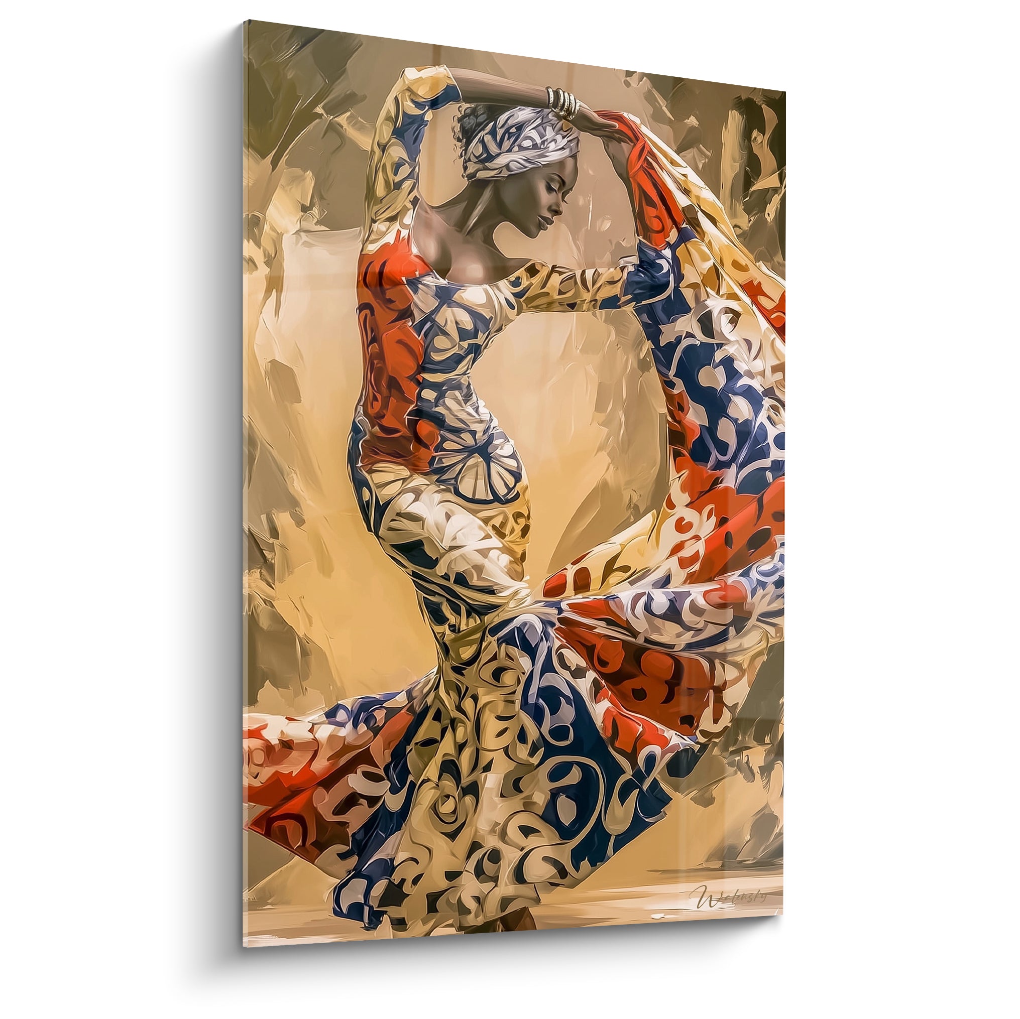 Danseuse africaine en robe wax terracotta et bleu marine, bras levés, tissu déployé en éventail