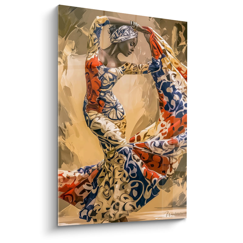 Tableau Danseuse en robe wax bleu et terracotta - Tourbillon de tissu - Edition Danse africaine