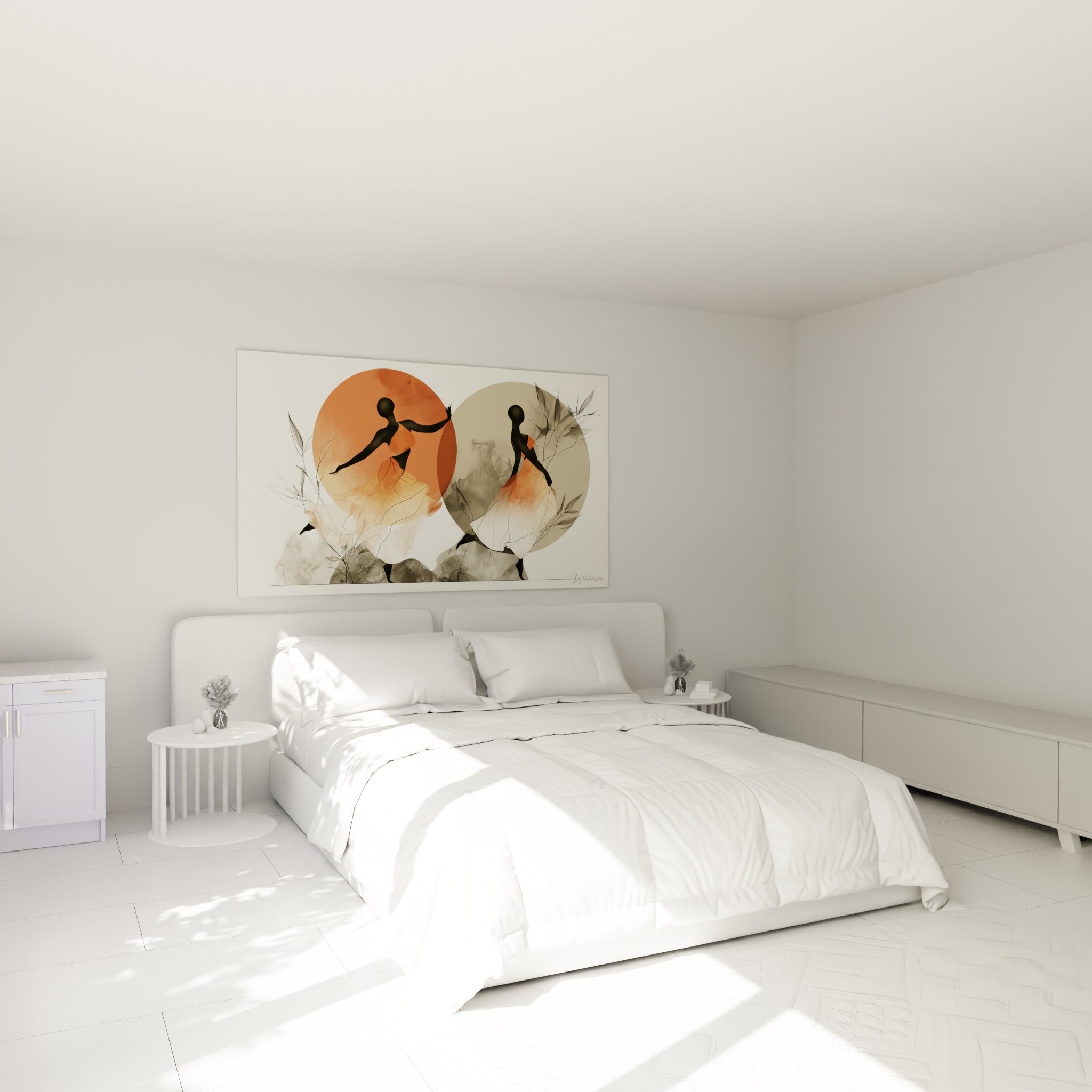 Danseuses graphiques terracotta et anthracite au-dessus d'un lit dans une chambre claire