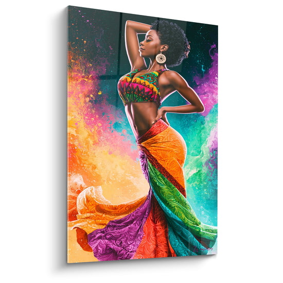 Tableau Danseuse robe orange et violette imprimée - Élan flamboyant - Edition Danse africaine