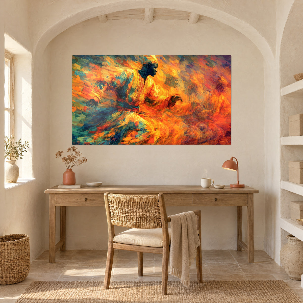Tableau danseur aux gestes en écho, étoffe jaune d'or et touches turquoise, ambiance de braises, au mur d'un bureau en pierre claire
