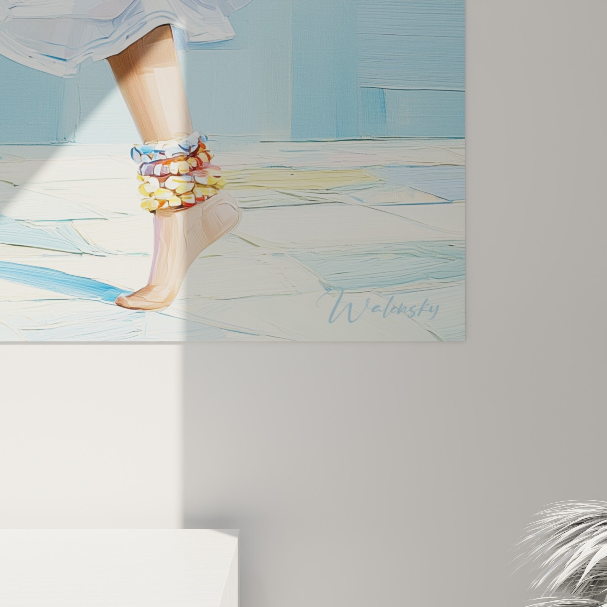 Empâtements bleu ciel et touches orangées du turban, matière picturale visible de ce tableau danse africaine accroché