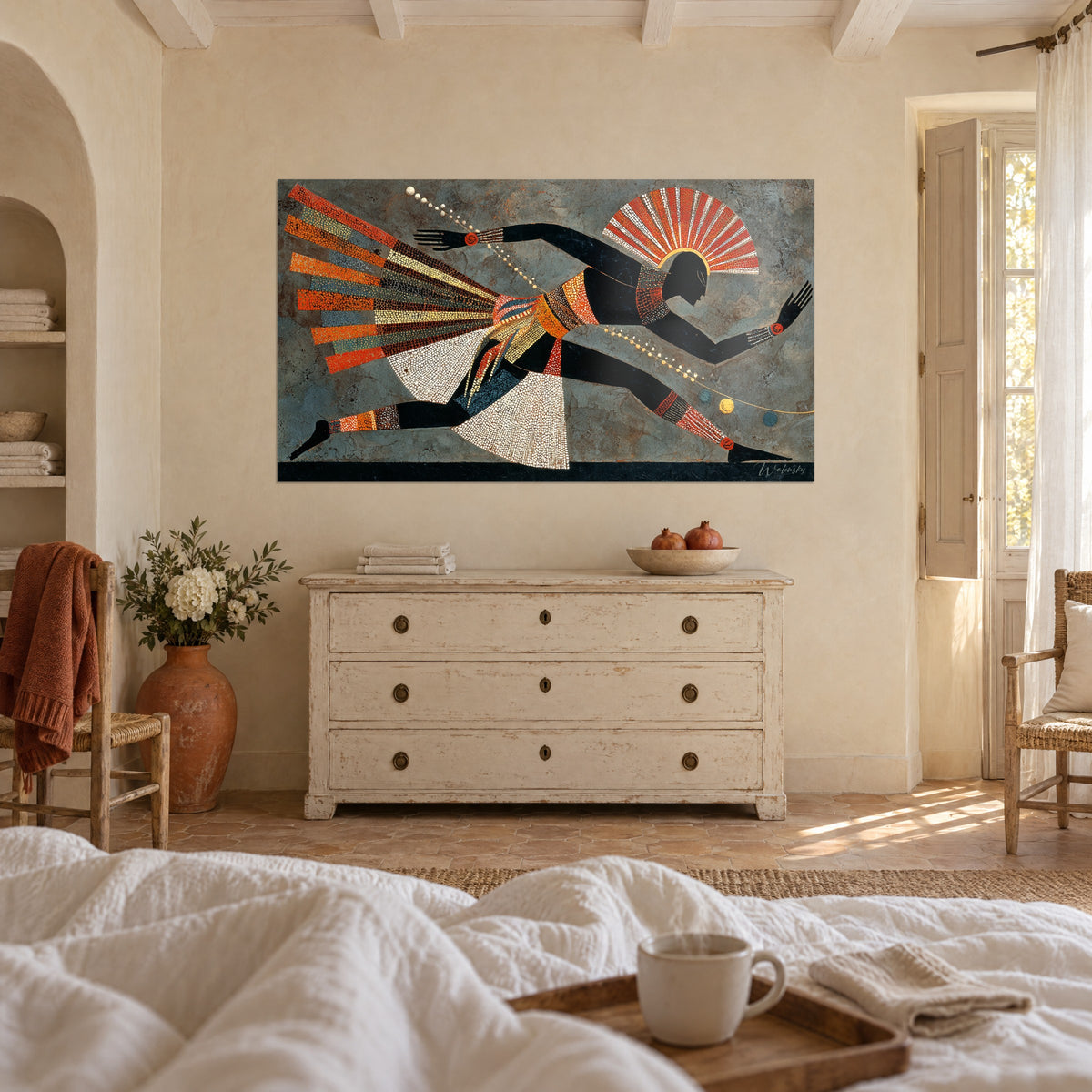 Wall art of a stylised athlete in a split, red fan headdress and white mosaic skirt on slate grey, above a bed in a light bedroom