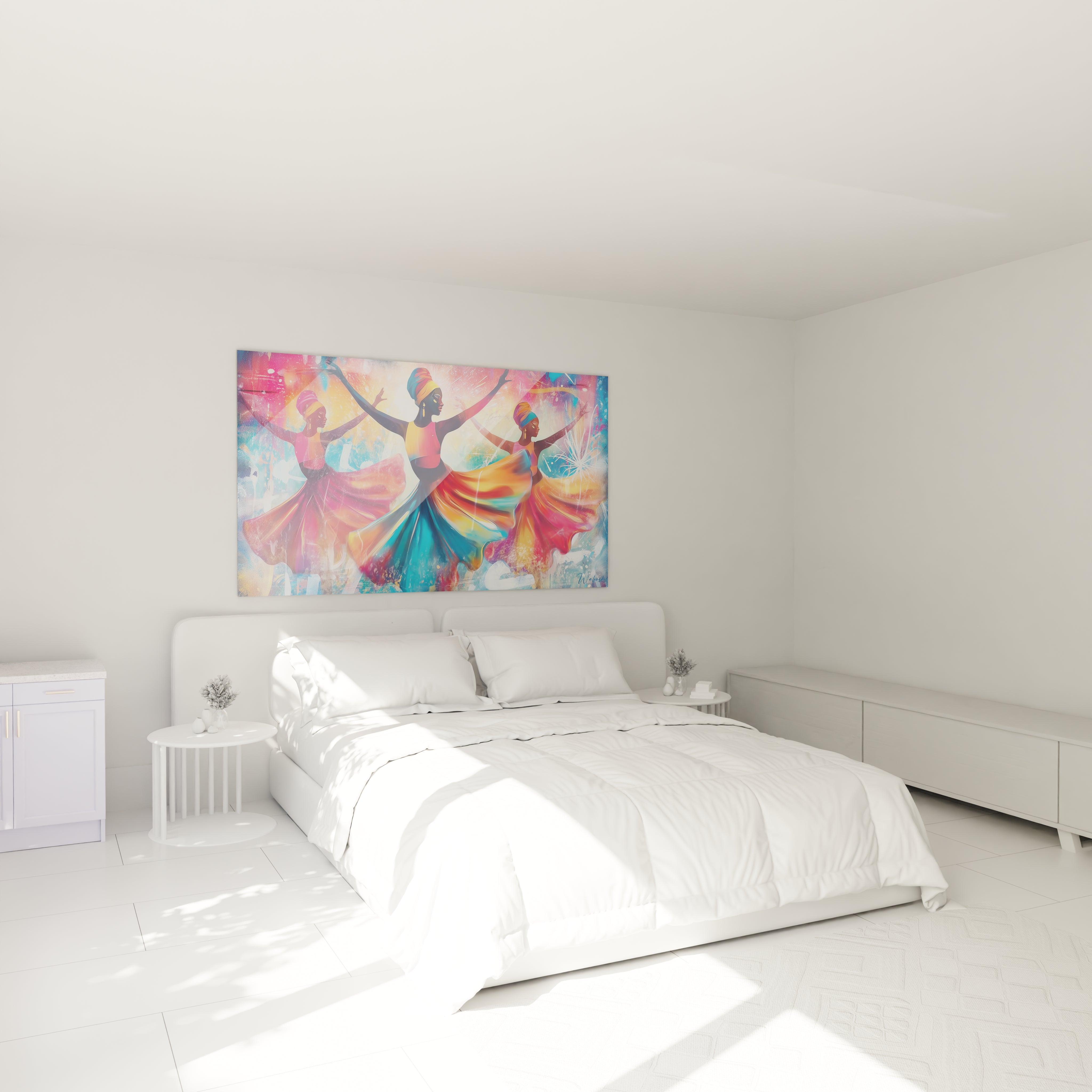 Tableau danse africaine coloré dans une chambre moderne avec un lit blanc et une décoration minimaliste