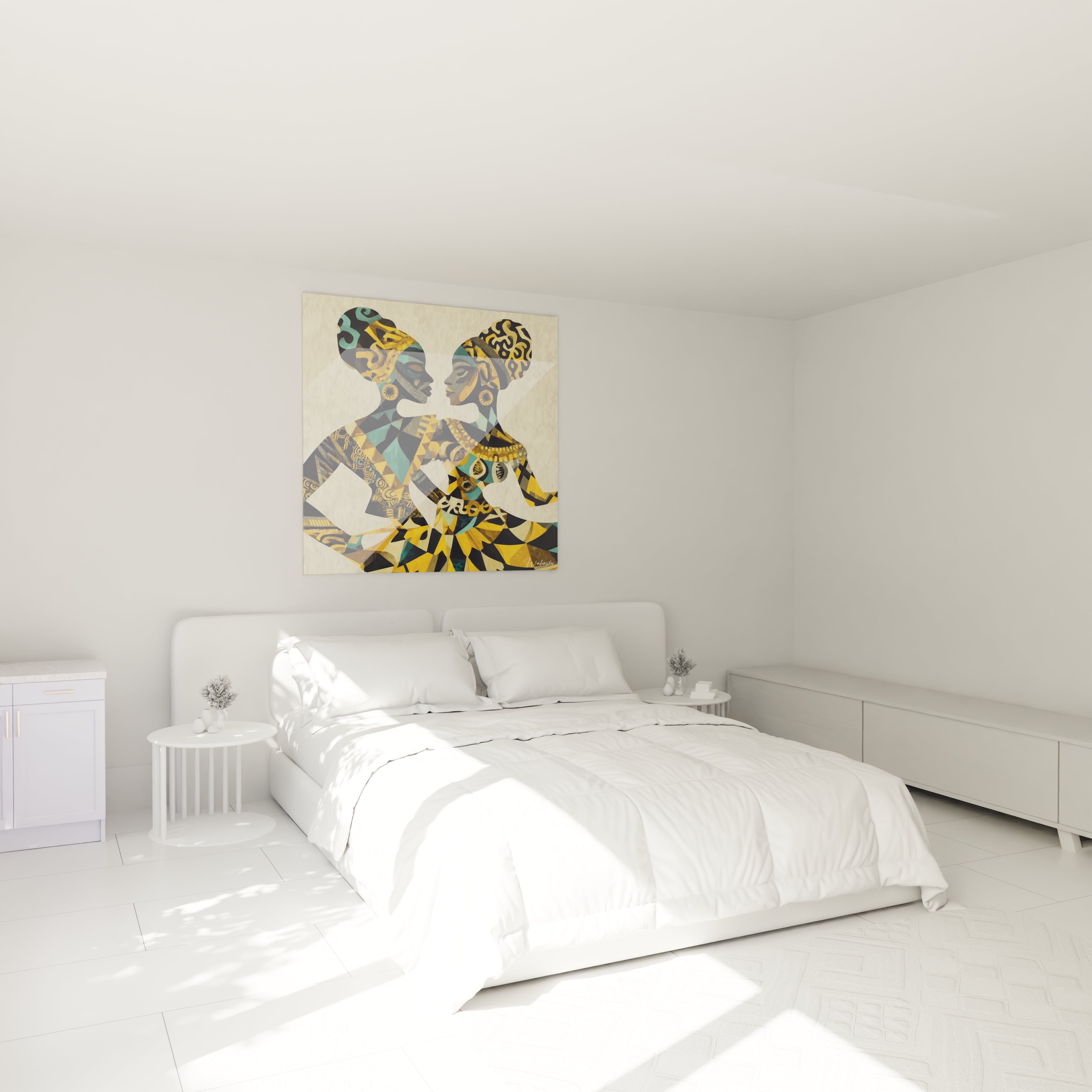 Tableau danse africaine Walensky accorché au mur d'une chambre lumineuse avec un lit blanc