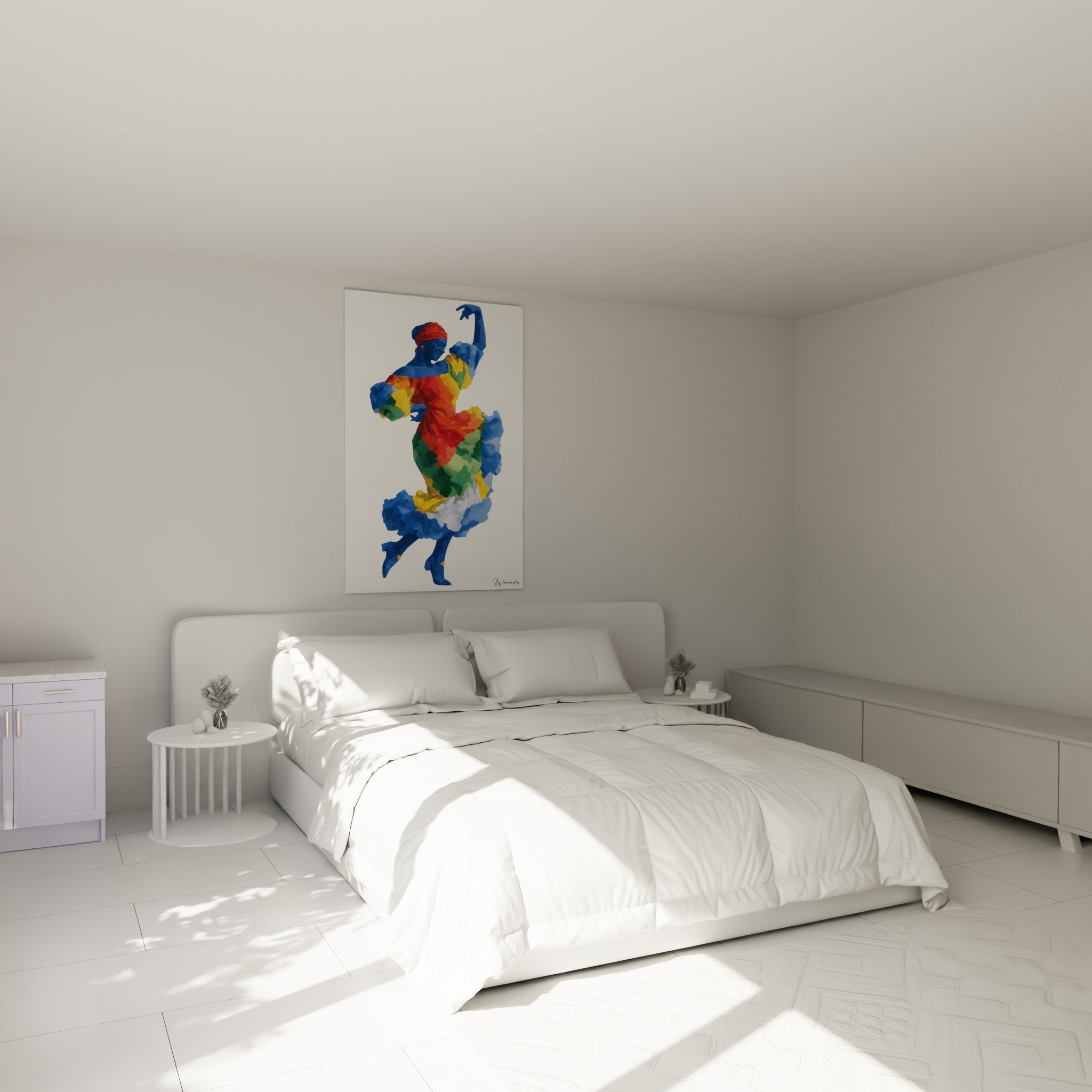 Silhouette bleue de danseuse africaine à la robe multicolore, au-dessus d'un lit dans une chambre claire