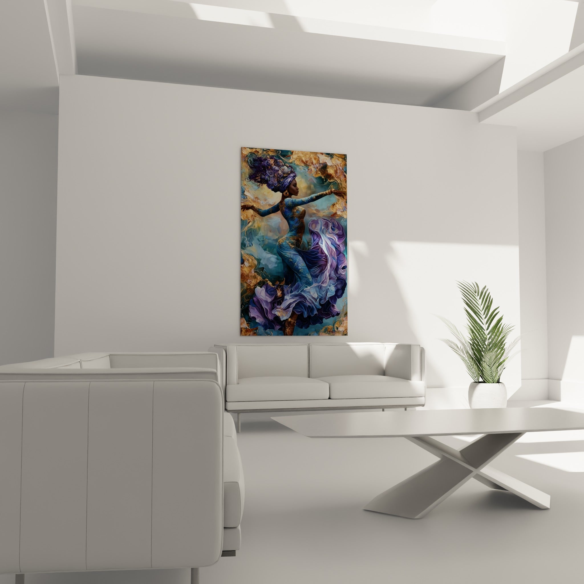 Geste ample doré et pourpre, jupe tourbillonnante bleu pastel, tableau Danse africaine au-dessus d'un canapé dans un salon lumineux