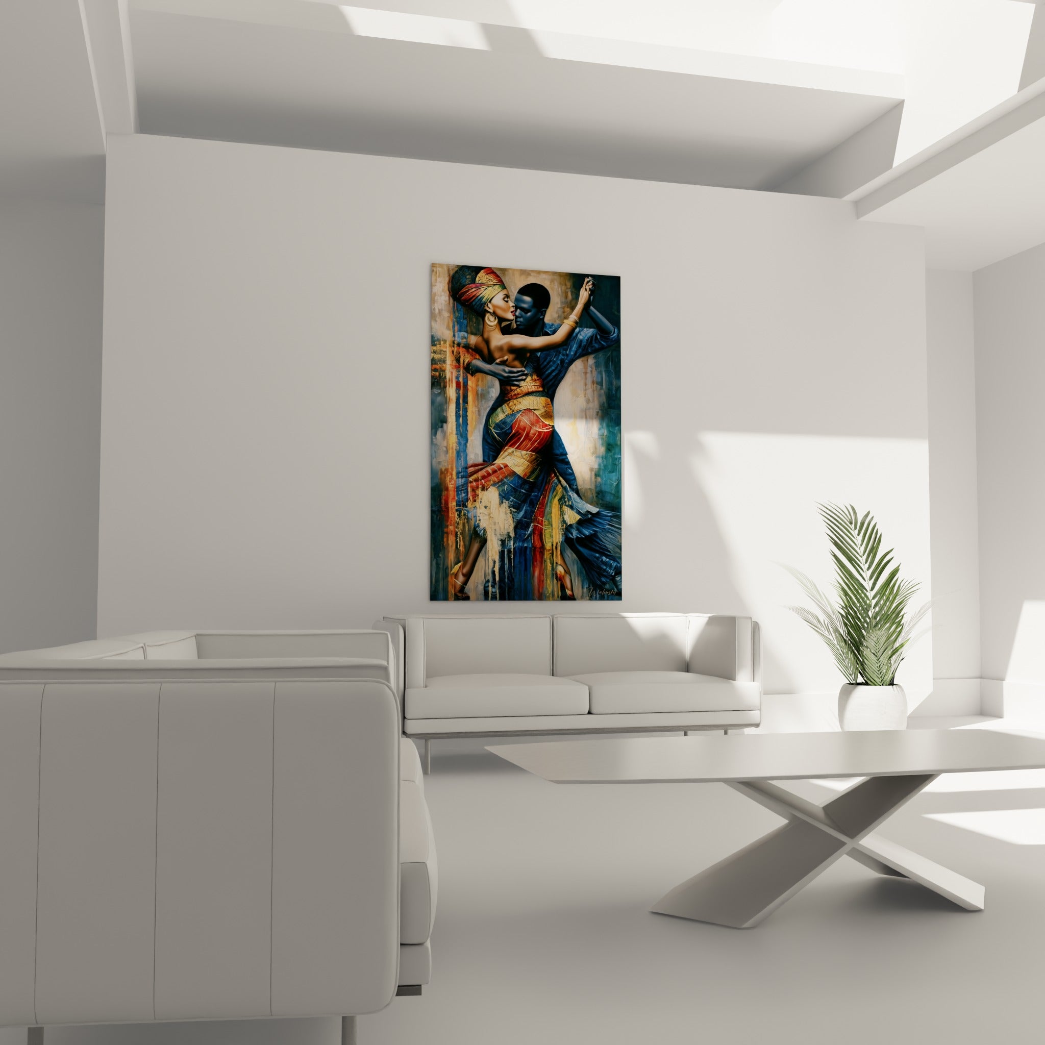 Silhouettes en tango, jupe terracotta et bleu marine, tableau danse africaine au-dessus d'un canapé dans un salon lumineux