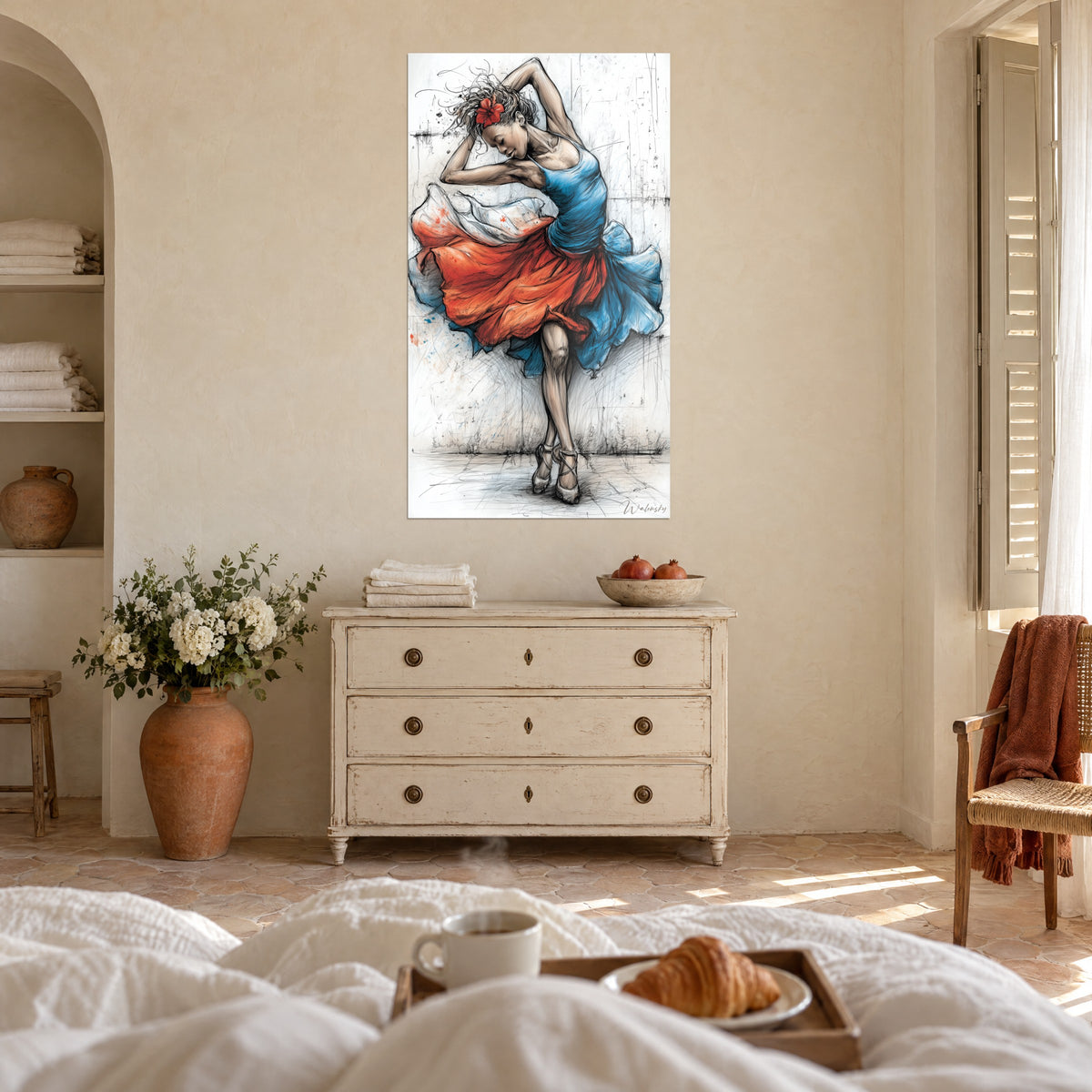 Wall art artist with a red hibiscus, arms raised overhead, coral and turquoise blue skirt, above a bed in a bright bedroom