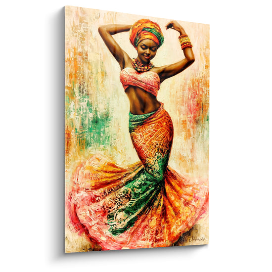 Tableau Danseuse tourbillon jupe orange et verte - Tourbillon de liberté - Edition Danse africaine