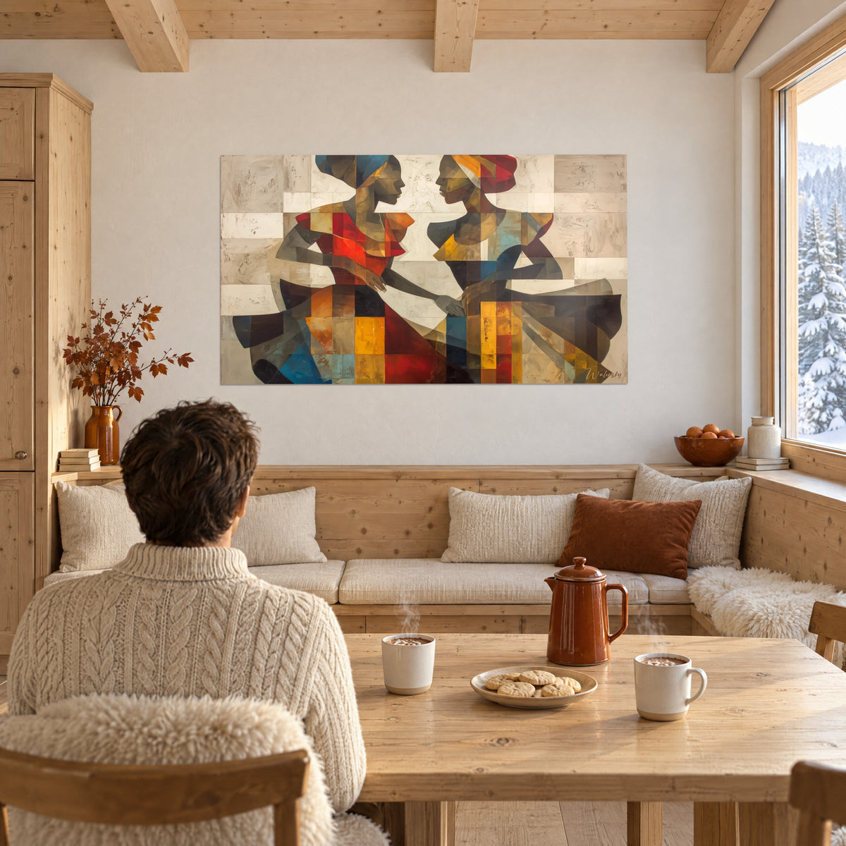 Tableau duo de danseuses mains jointes, jupes noires en volutes, damier orange et turquoise, mur blanc d'un chalet près de la baie vitrée