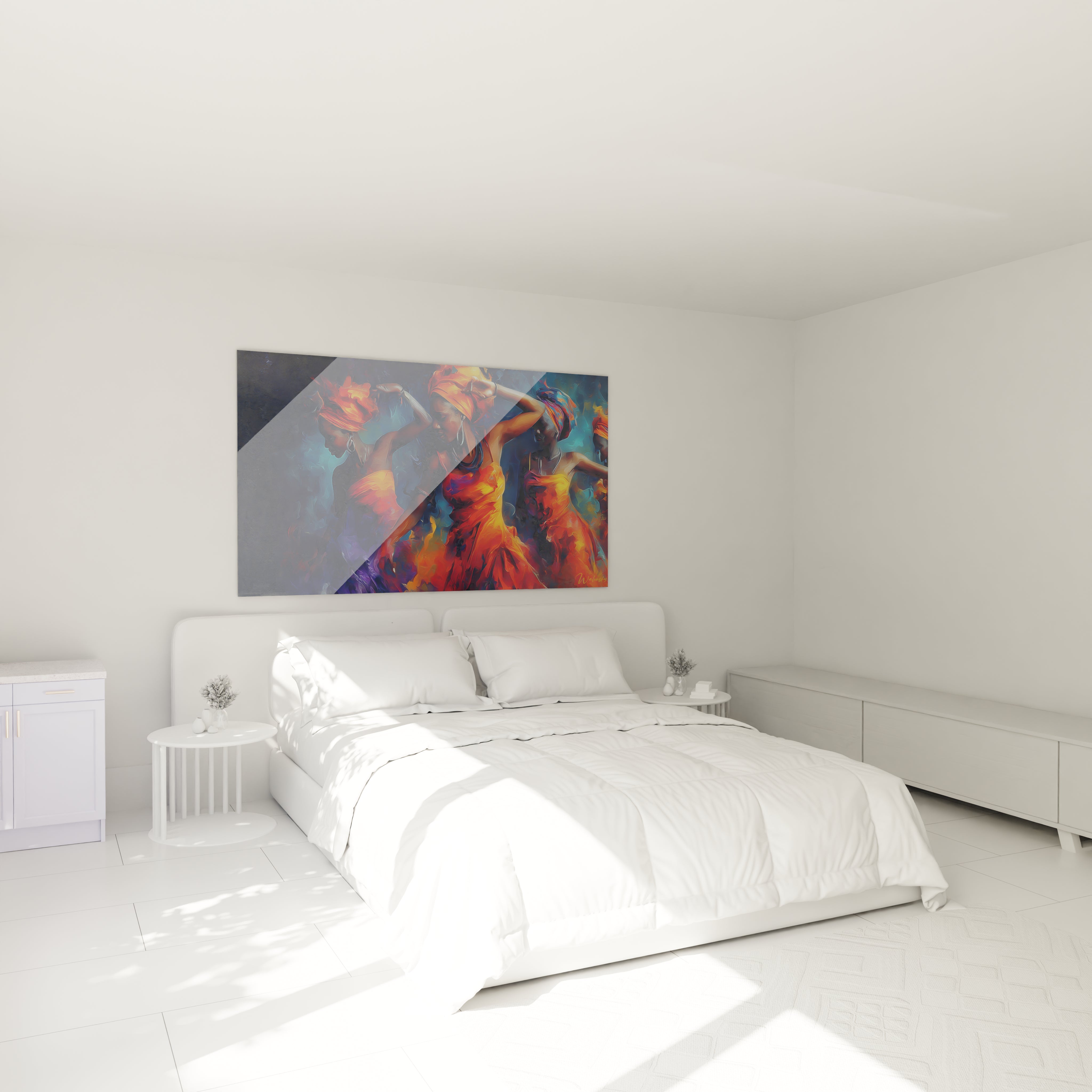 Tableau danse africaine moderne de Walensky accroché dans une chambre lumineuse avec un lit blanc