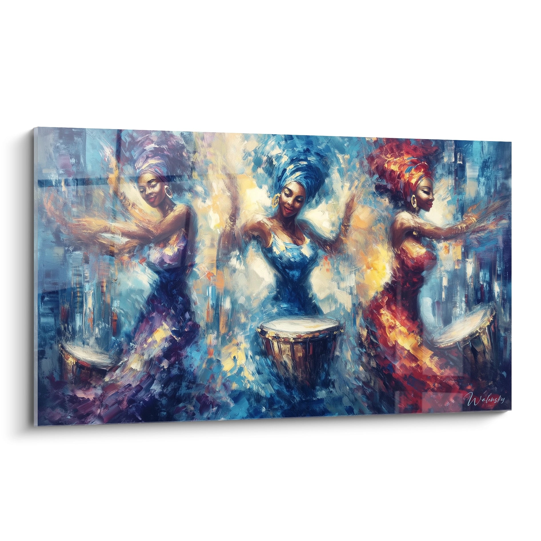 Tableau danse africaine moderne avec trois femmes dansant et jouant du tambour en couleurs vives