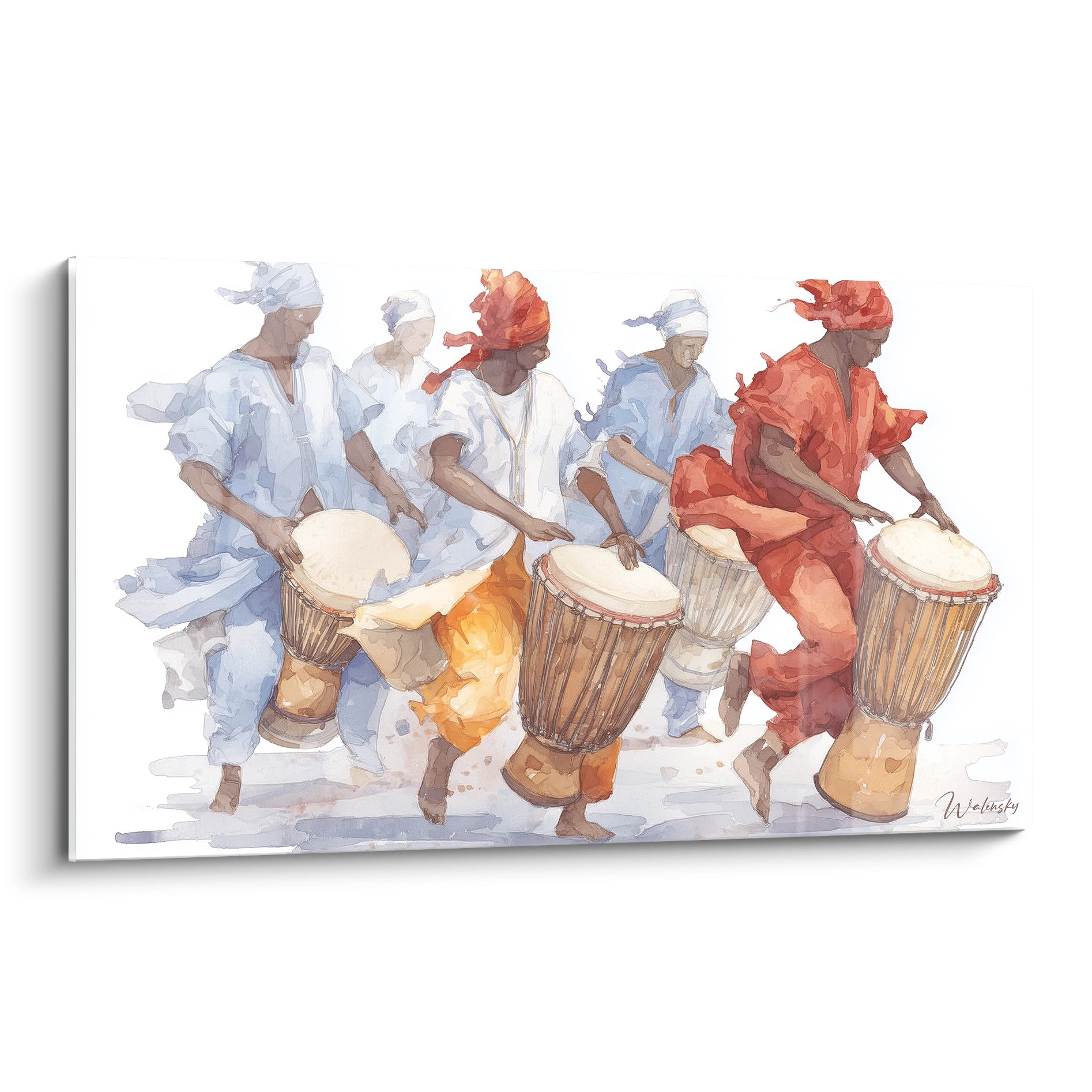 Tableau danse africaine moderne représentant des musiciens jouant des percussions en migré et orange