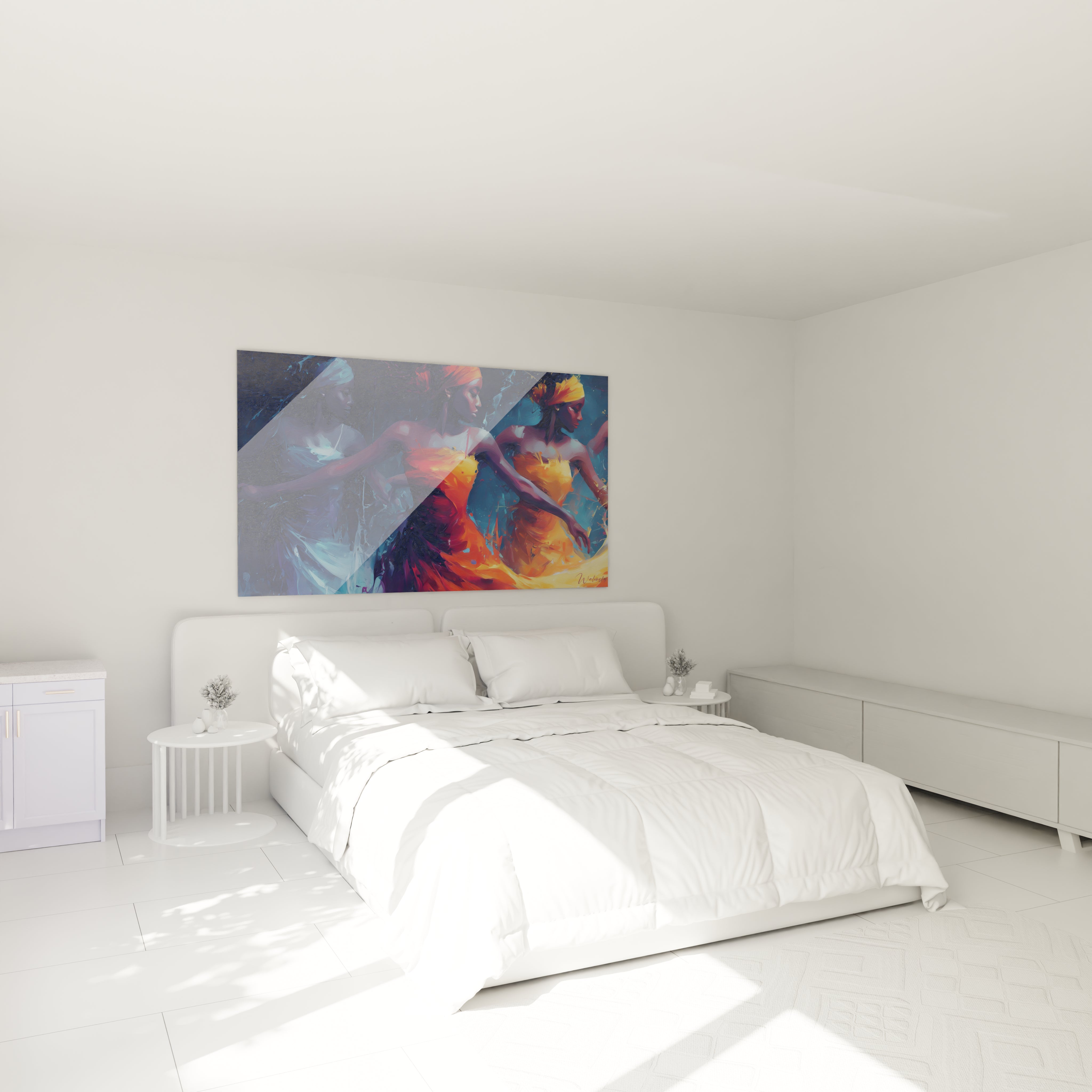 Tableau mural danse africaine moderne de Walensky dans une chambre lumineuse avec un lit blanc