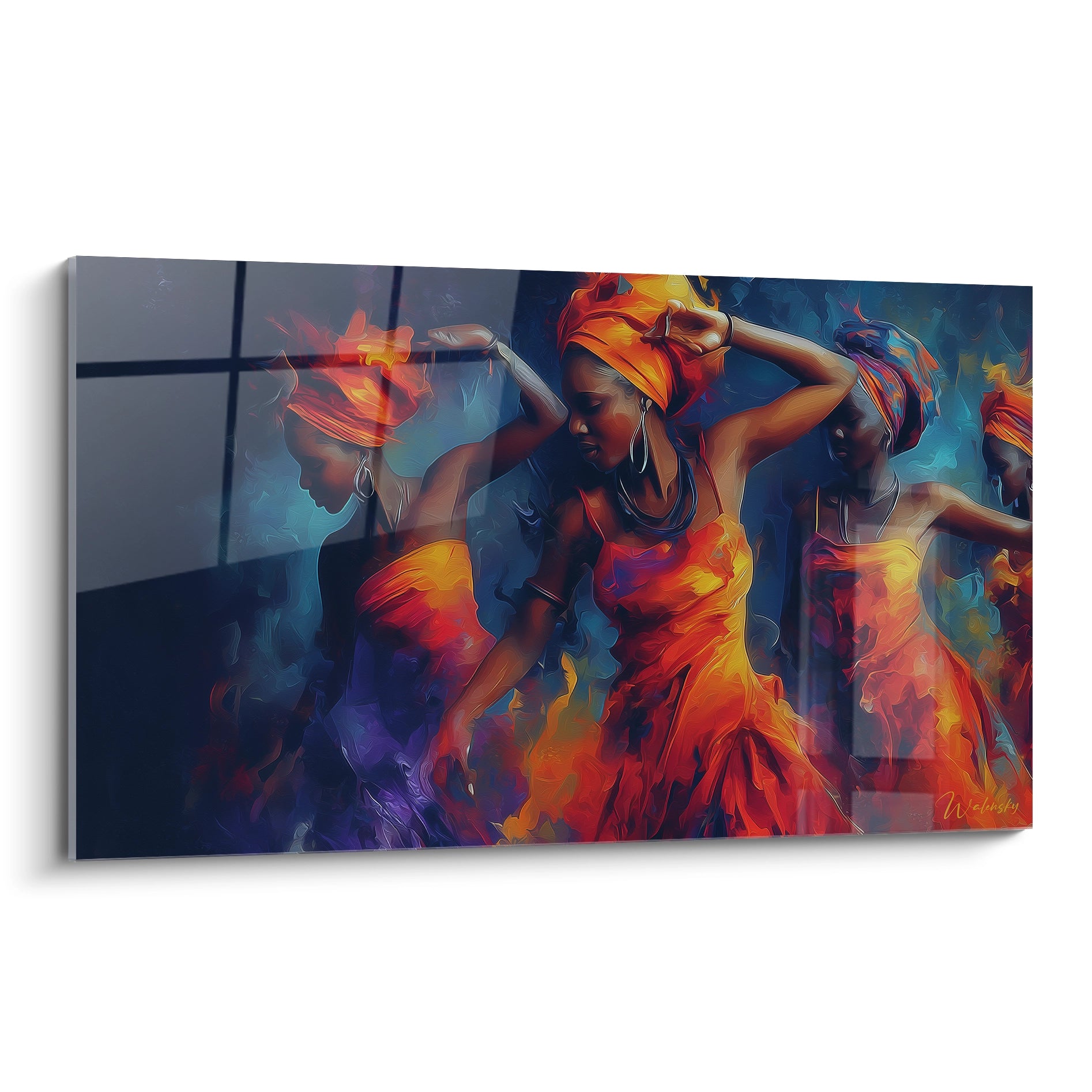 Tableau mural danse africaine moderne avec des femmes en robes colorées dansant sur fond vibrants