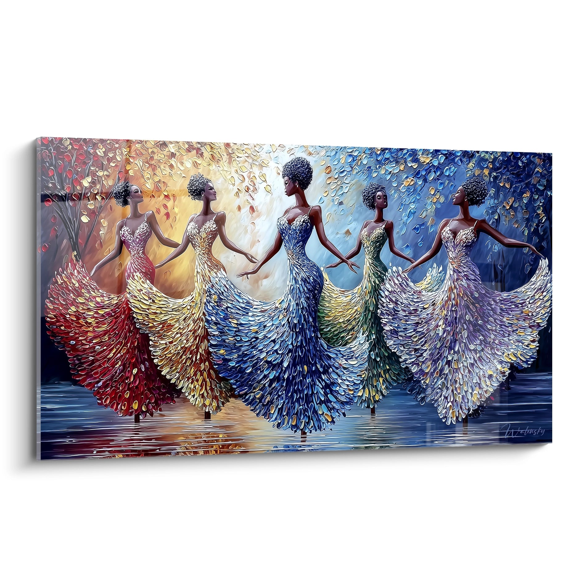 Tableau mural de danse africaine moderne avec six femmes en robes colorées dans un paysage vibrant