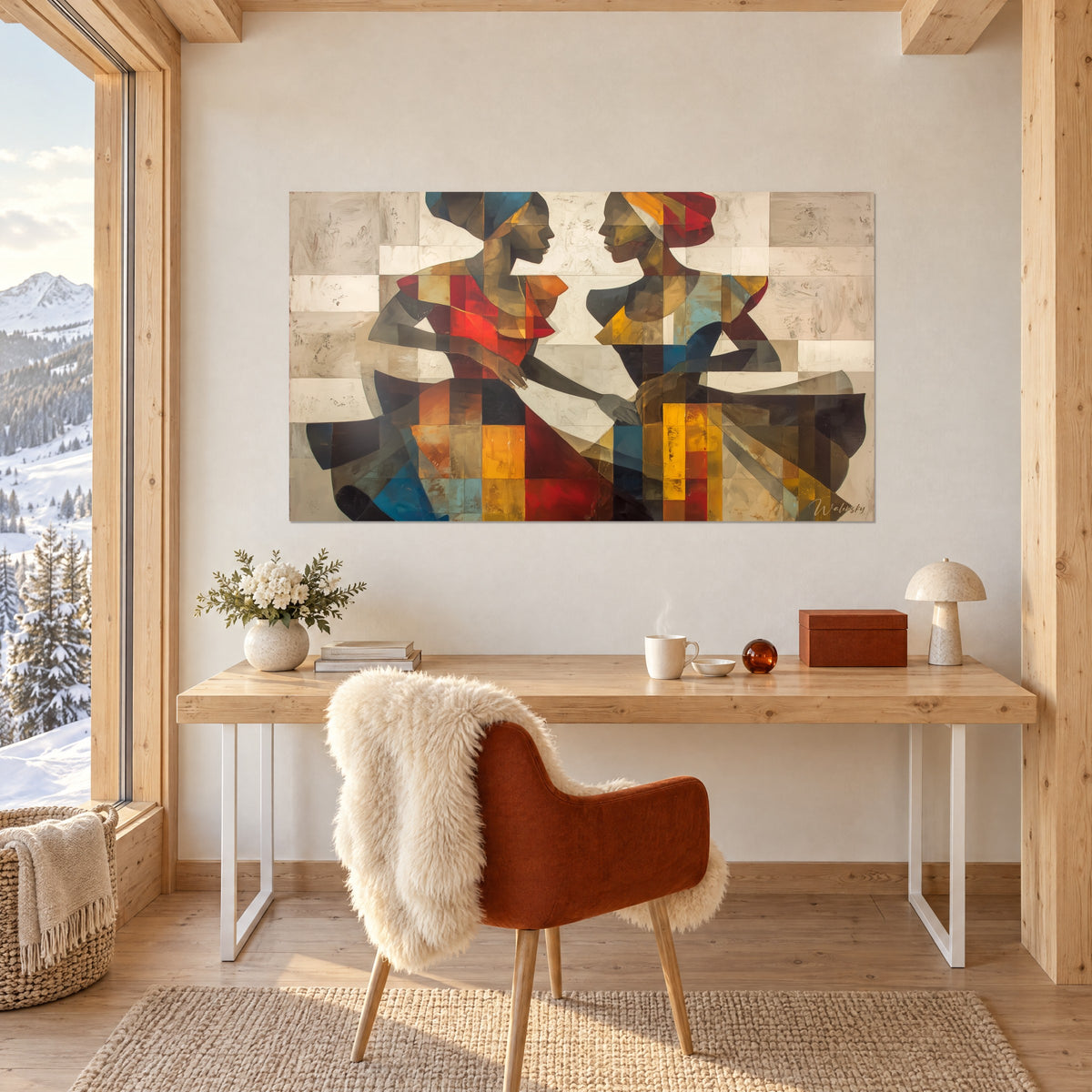 Tableau fête communautaire cubiste, deux femmes enturbannées en rouge, bleu et jaune doré, au-dessus d'un bureau en bois clair
