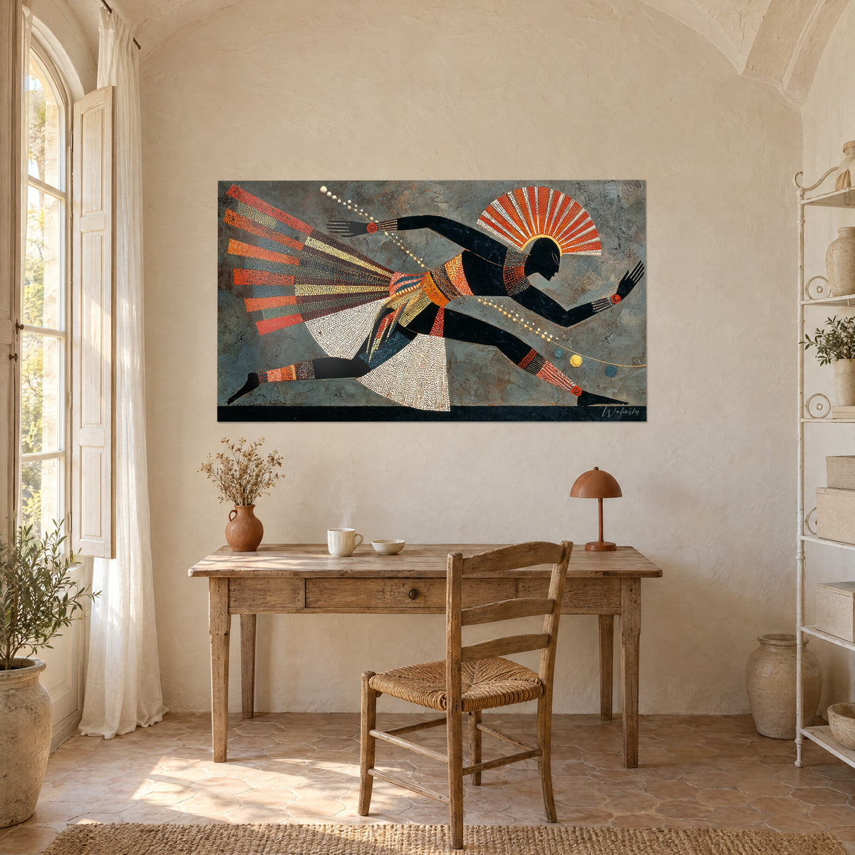Wall art of an African runner in flat black, trail of orange and grey-blue stripes, on a cream wall above a wooden desk