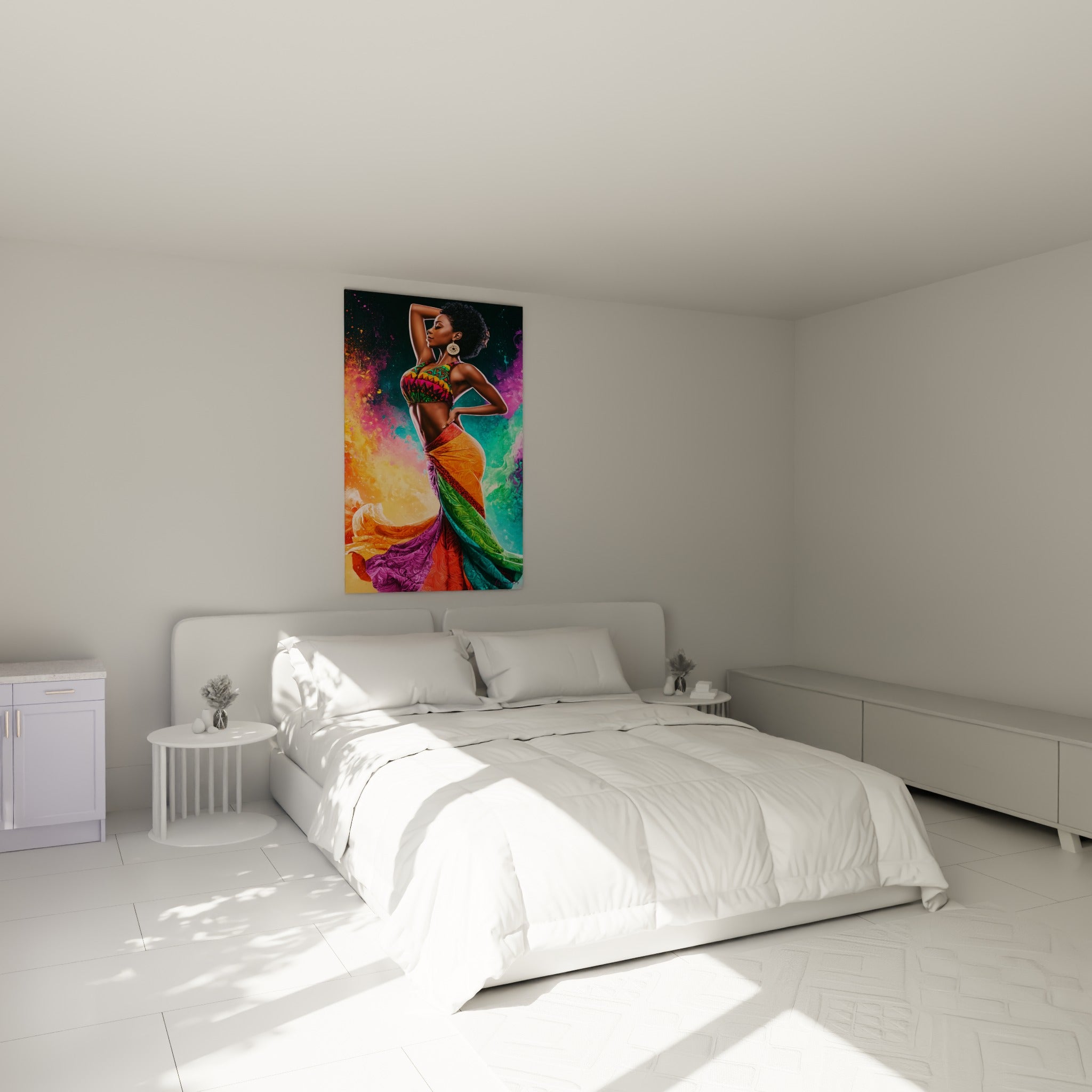 Silhouette dansante drapée d'orange et de turquoise, au-dessus d'un lit dans une chambre claire