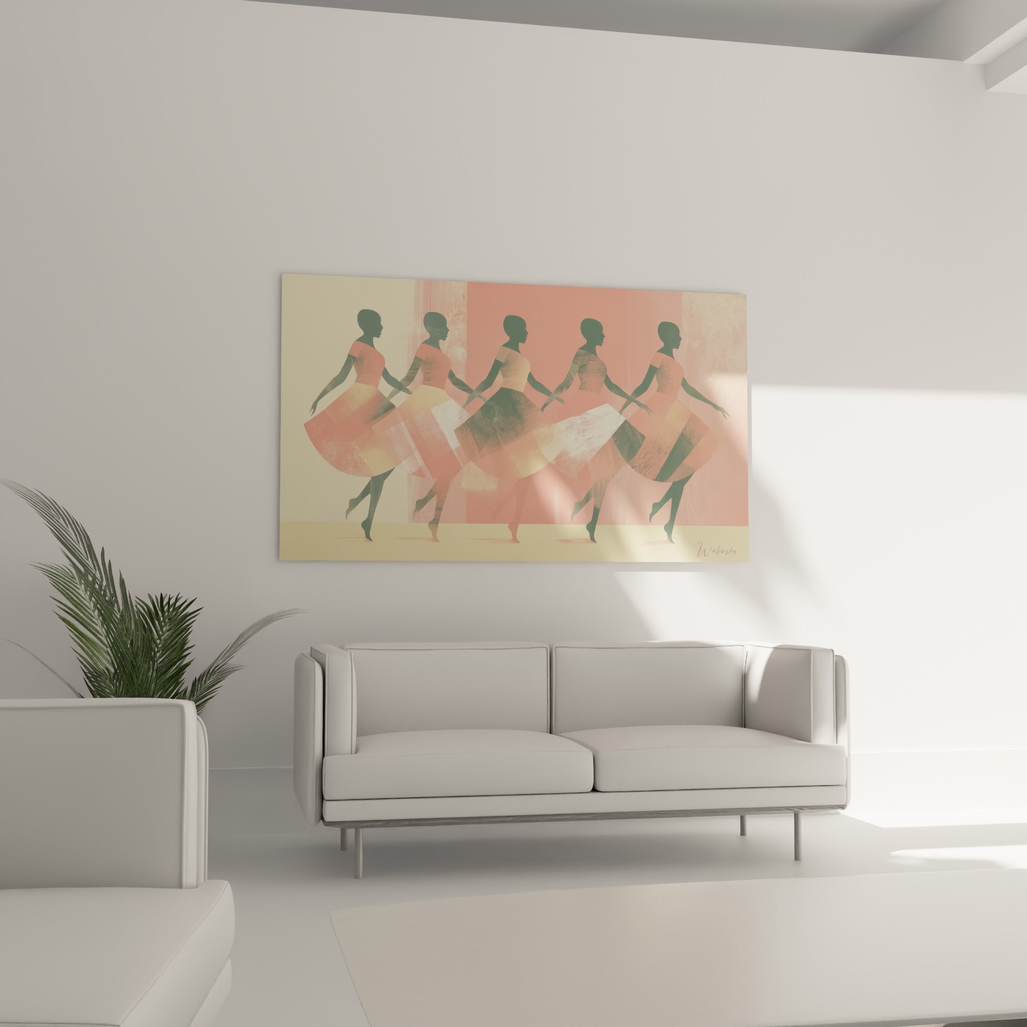 Figures anthracite et beige de la danse africaine en mouvement répété, au-dessus d'un canapé dans un salon lumineux