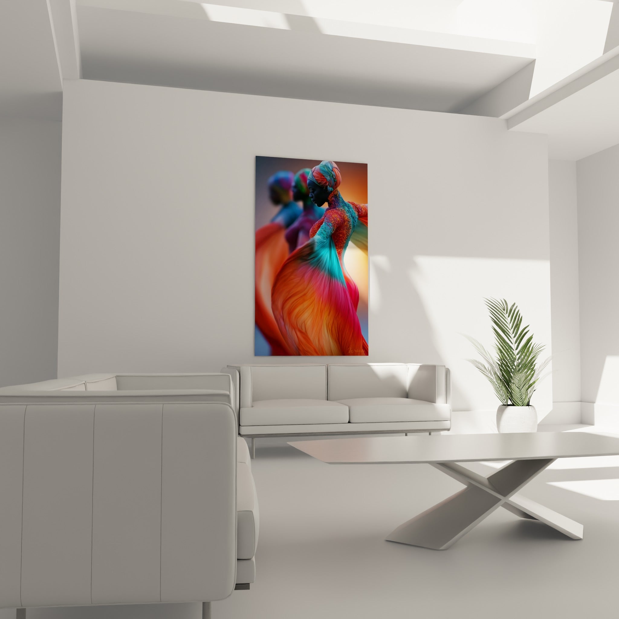 Silhouette perlée aux tons corail et turquoise au-dessus d'un canapé dans un salon lumineux