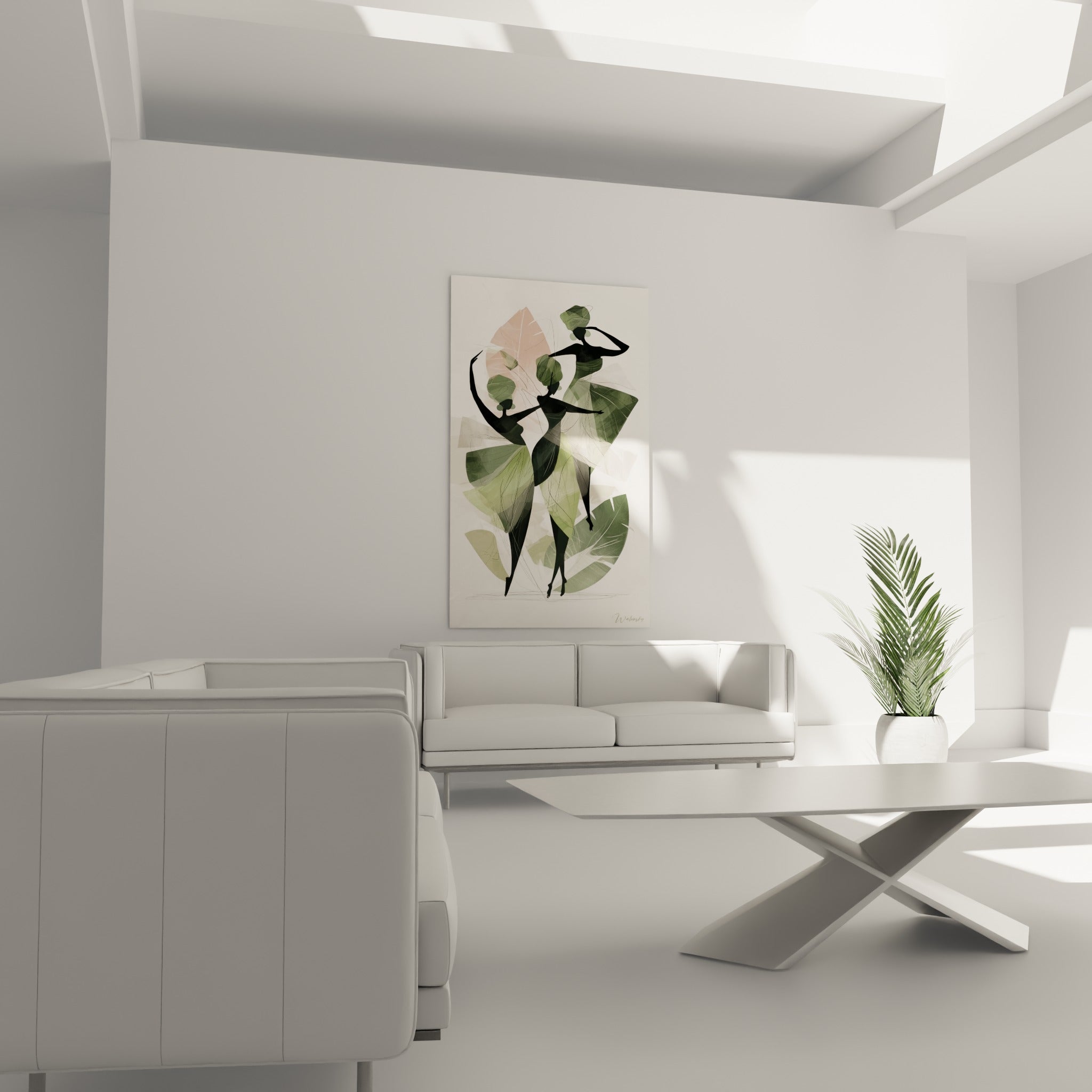 Trois figures noires en élan gracieux, tons vert olive et rose, au-dessus d'un canapé dans un salon lumineux