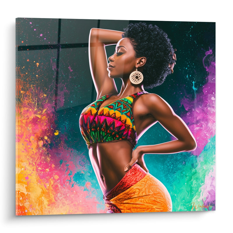Tableau Danseuse en pagne orange et turquoise éclatant - Fierté ancestrale - Edition Danse africaine