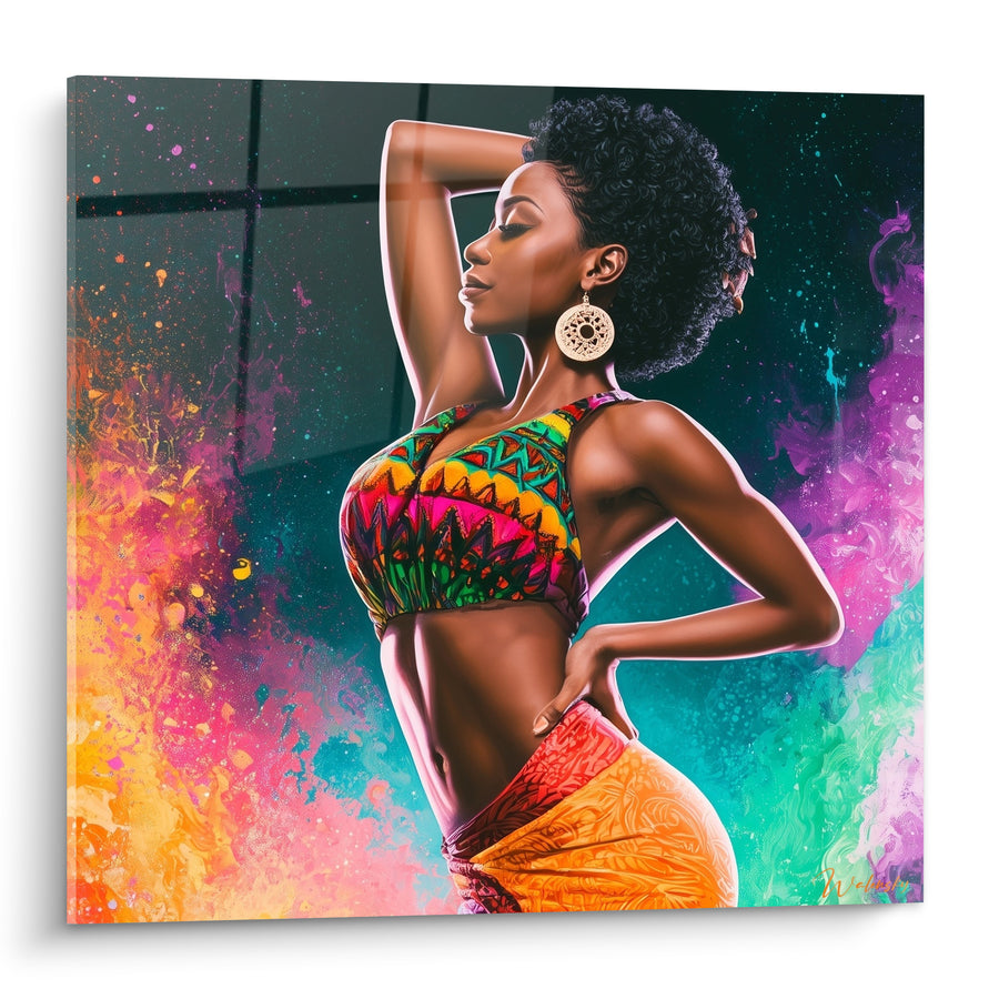 Tableau Danseuse en pagne orange et turquoise éclatant - Fierté ancestrale - Edition Danse africaine