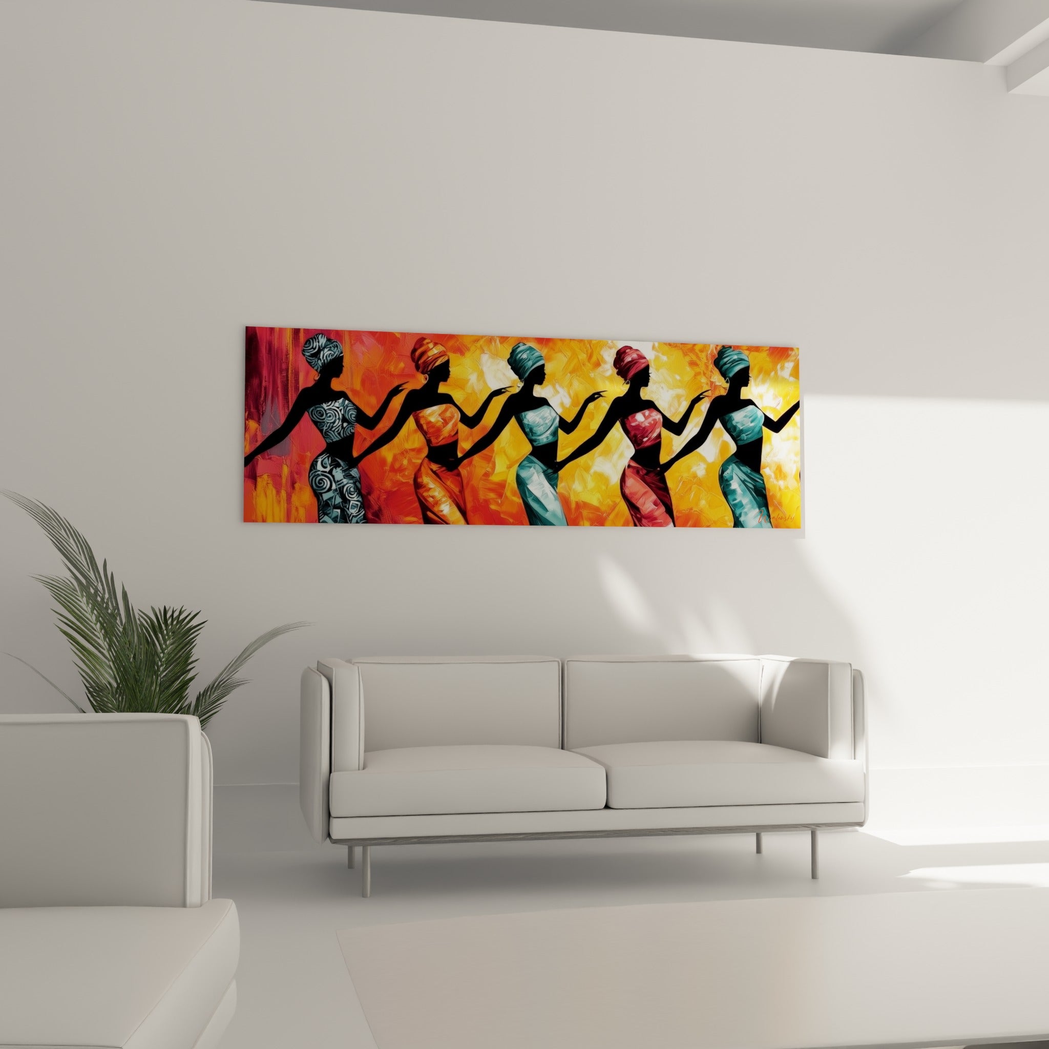 Danseuses stylisées aux pagnes bordeaux et gris au-dessus d'un canapé dans un salon lumineux