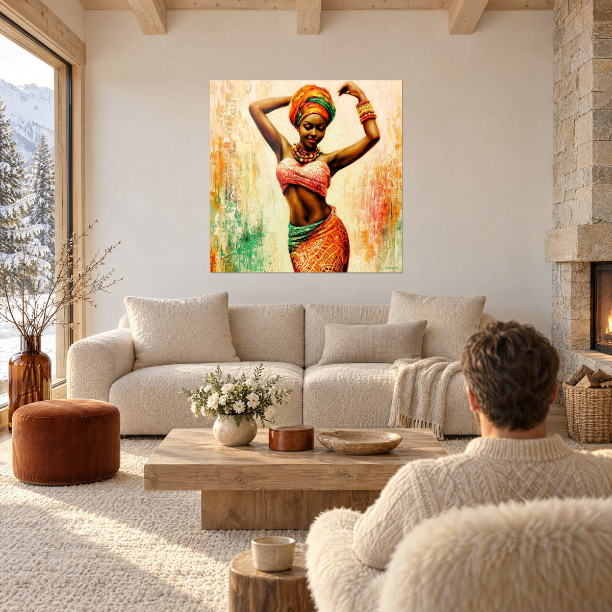 Wall art dancer with raised arms, orange and green turban, coral bustier, ochre wrap skirt, above a sofa in a bright living room