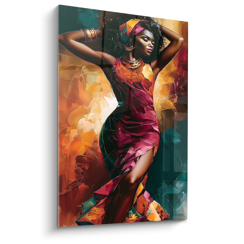 Tableau Danseuse robe bordeaux et fond ocre - Élan gracieux - Edition Danse africaine