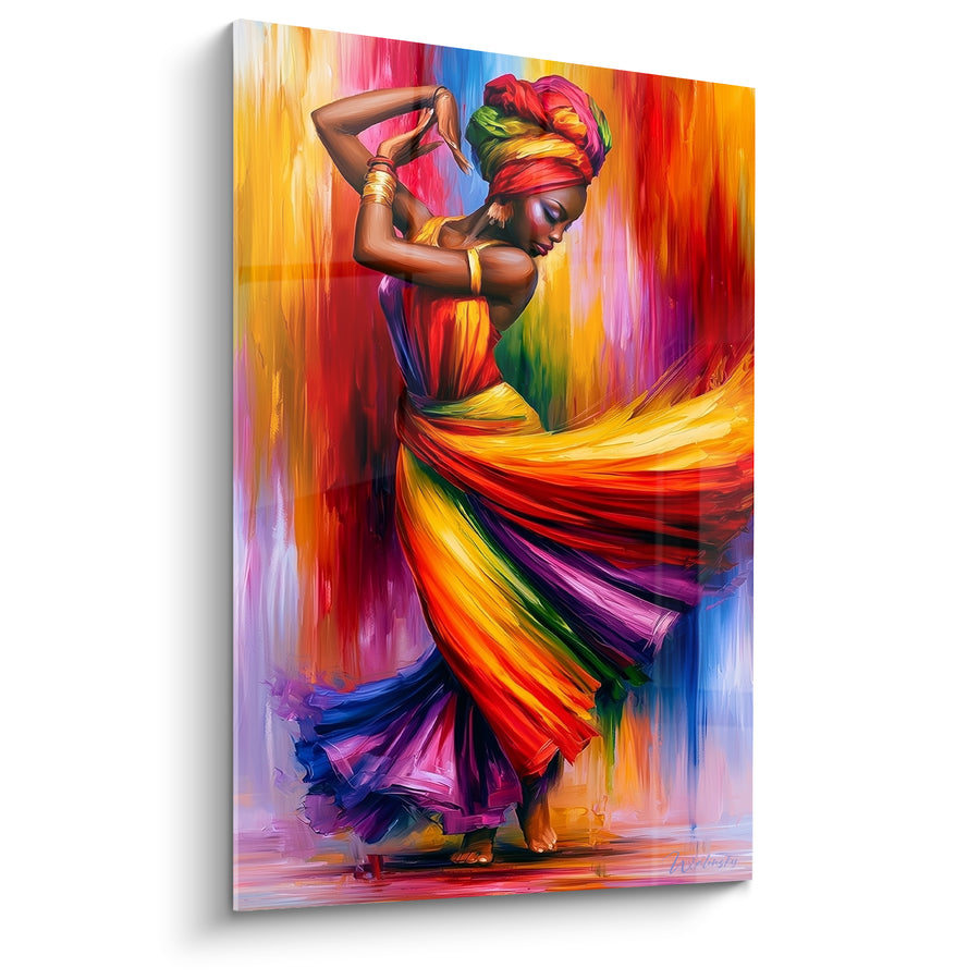 Tableau Danseuse robe jaune et violette tourbillonnante - Mouvement flamboyant - Edition Danse africaine