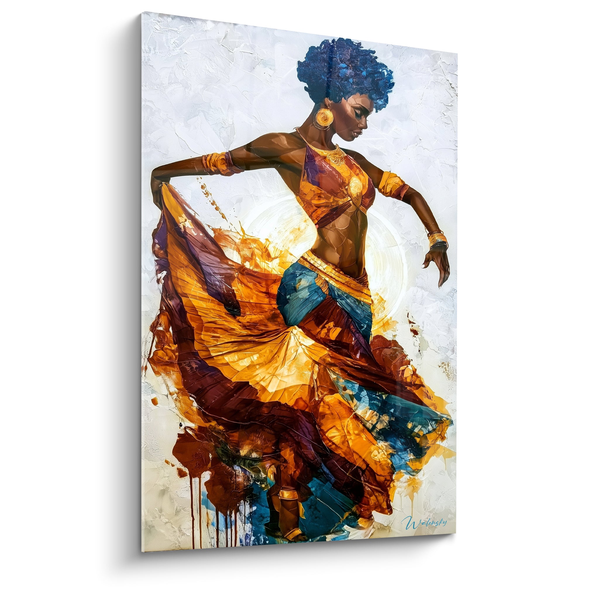 Danseuse africaine en robe safran et bleu pétrole, geste tournoyant peint en empâtements épais