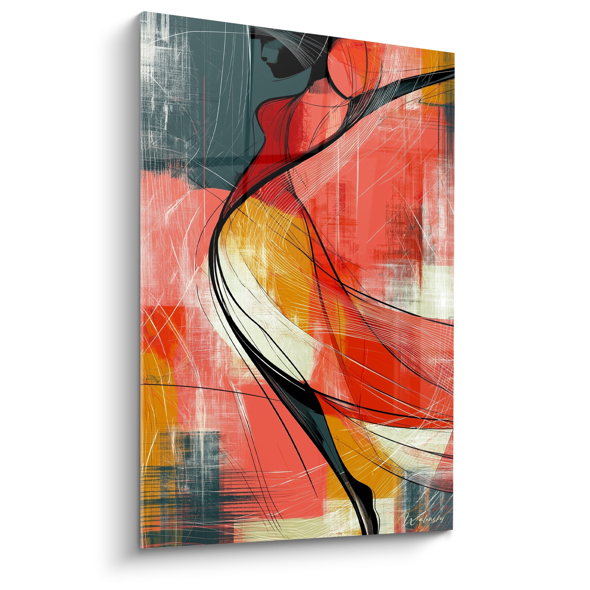 Silhouette dansante en lignes noires sur fond rouge corail et ocre doré, danse africaine graphique