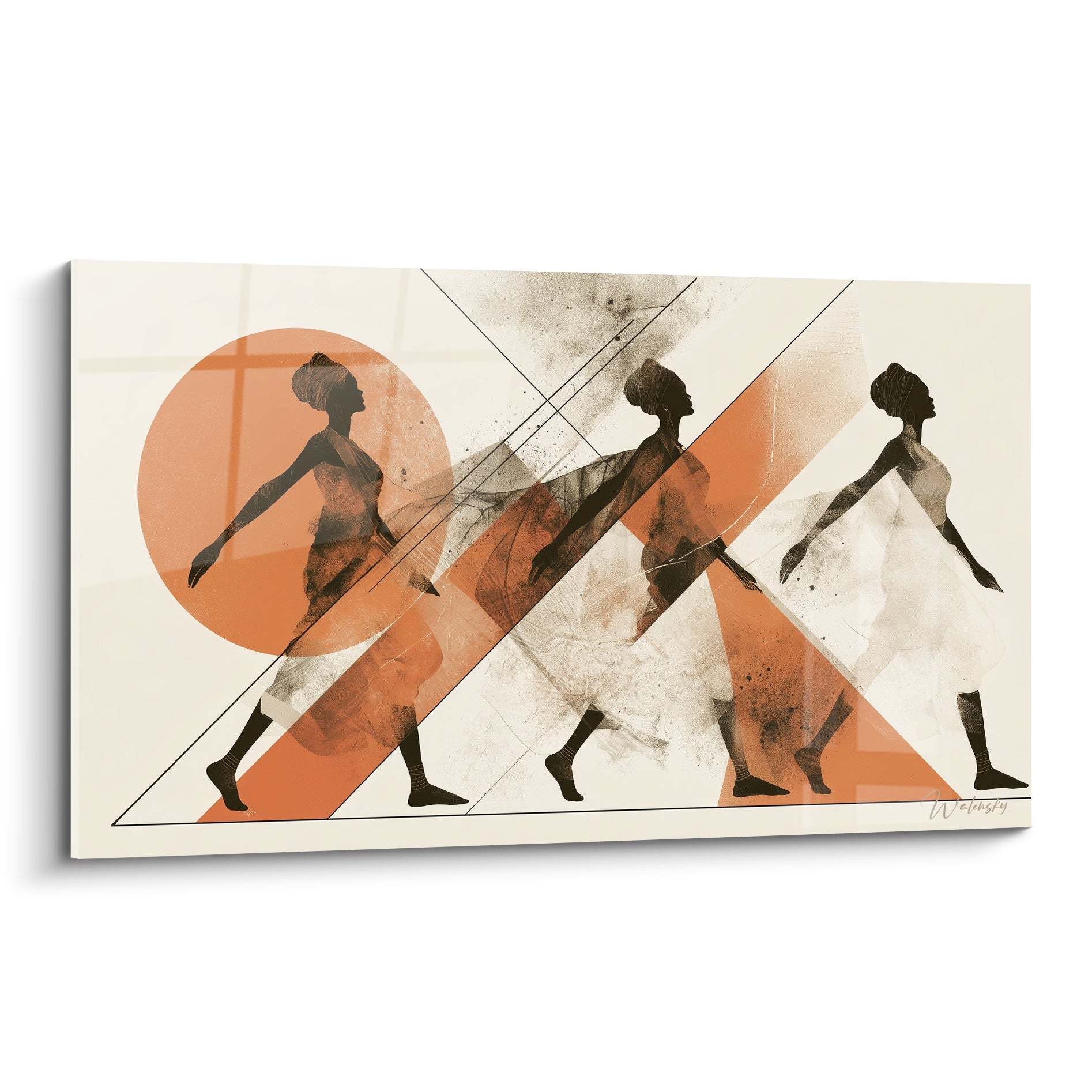 Danse africaine : trois silhouettes en mouvement, tons terracotta et ivoire, composition triangulaire graphique