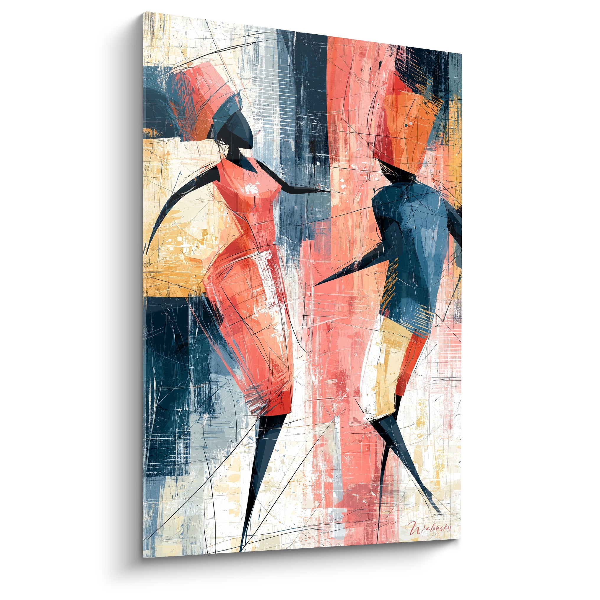 Danse africaine peinte en silhouettes corail et bleu marine sur fond ocre fragmenté