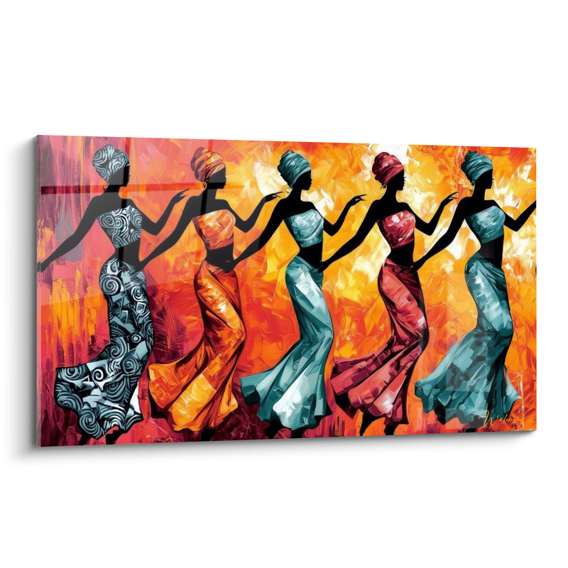 Tableau Cinq danseuses aux robes ocre et sarcelle - Ronde flamboyante - Edition Danse africaine