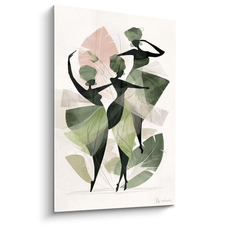 Tableau Danseuses silhouettes vert et rose feuillage stylisé - Trio en turban - Edition Danse africaine