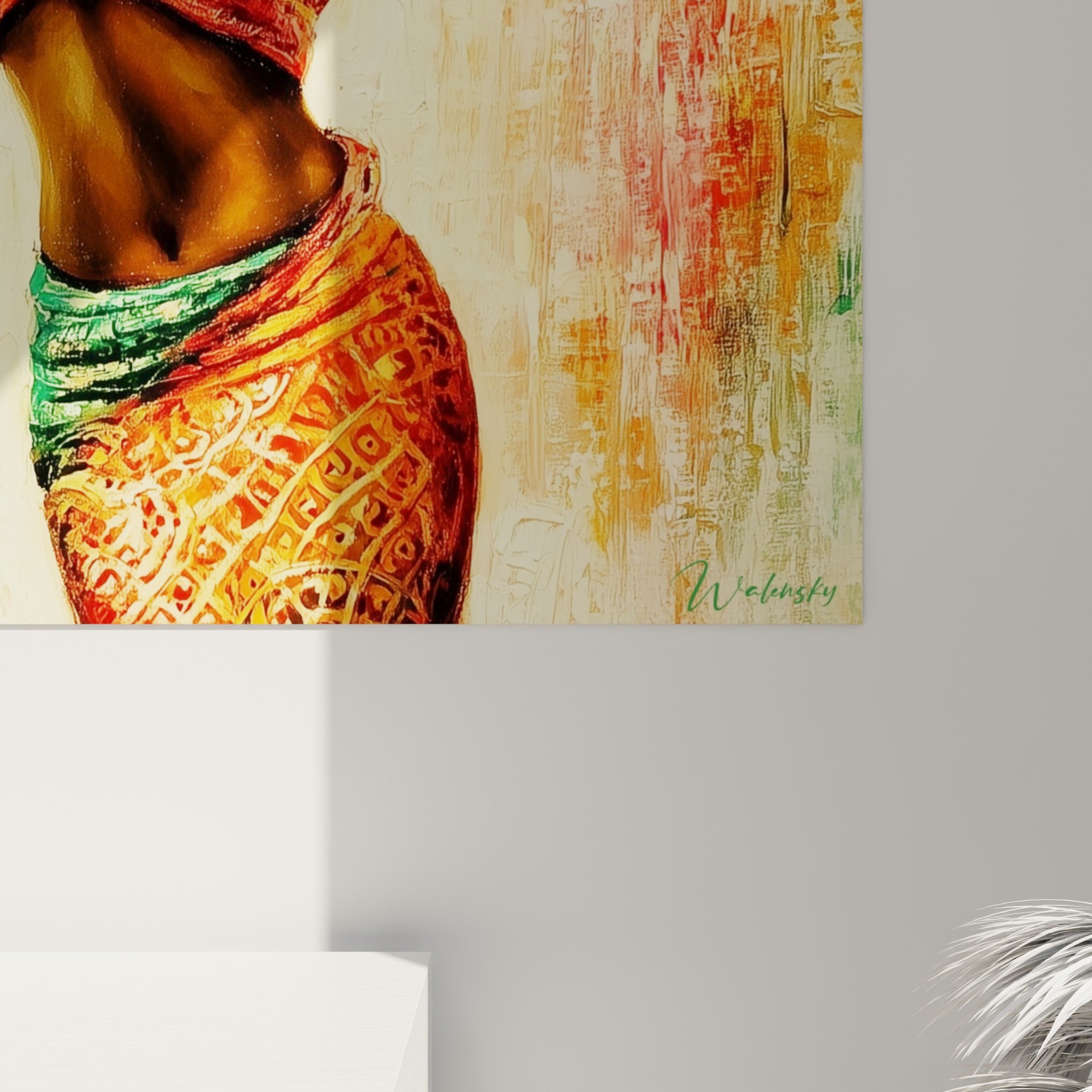 Empâtements dorés et coulures ocre sur le turban, grain de matière visible sur cette œuvre de danse africaine