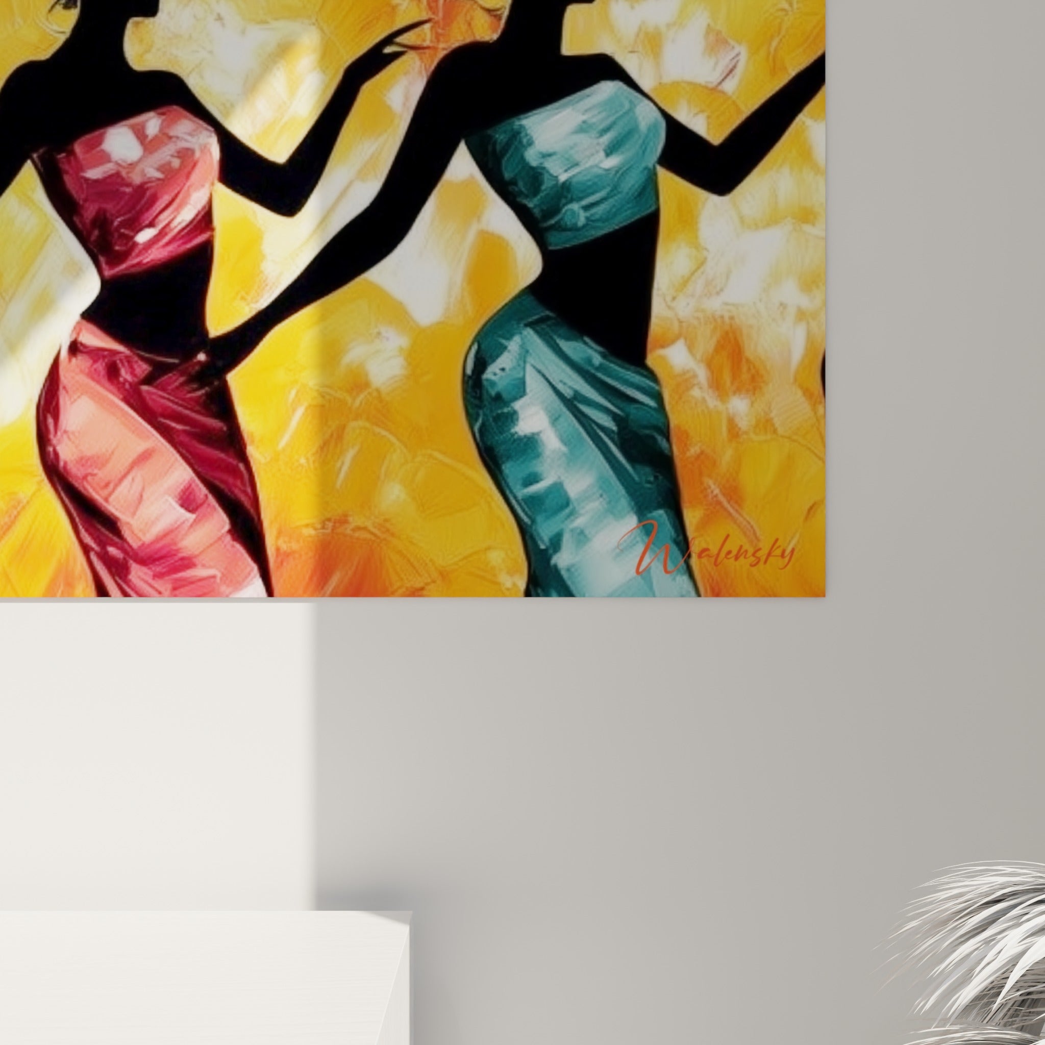 Empâtements orange et rouge visibles en gros plan sur cette toile de danse africaine texturée