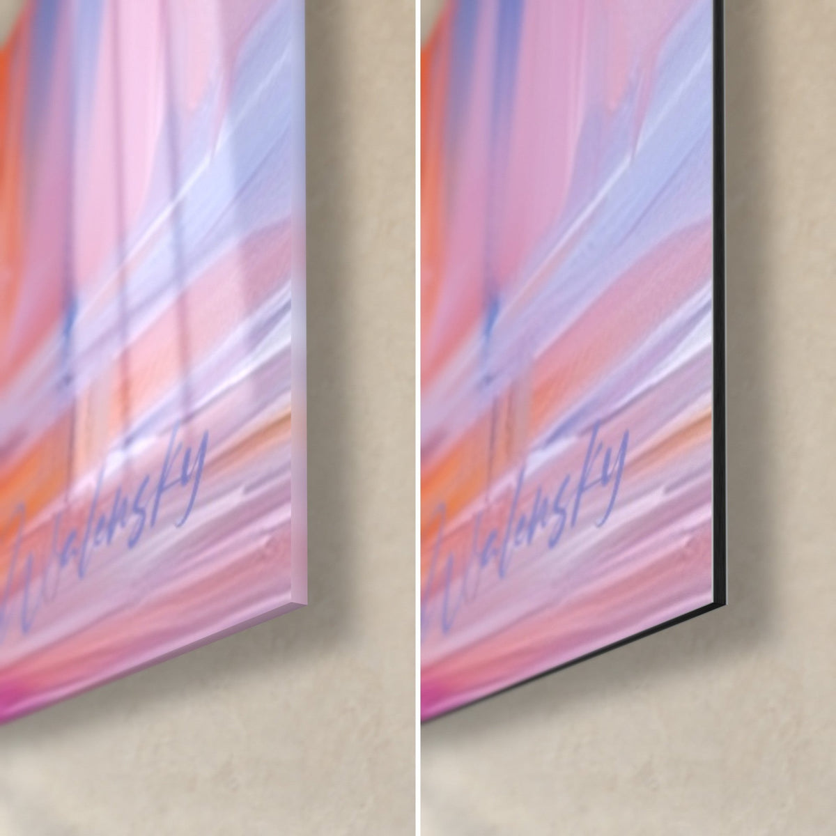 Schilderij Afrikaanse danseres, blauwe handtekening op roze en lavendelkleurige achtergrond, glanzende glazen hoek rechtsonder en 3 mm mat zwart Dibond