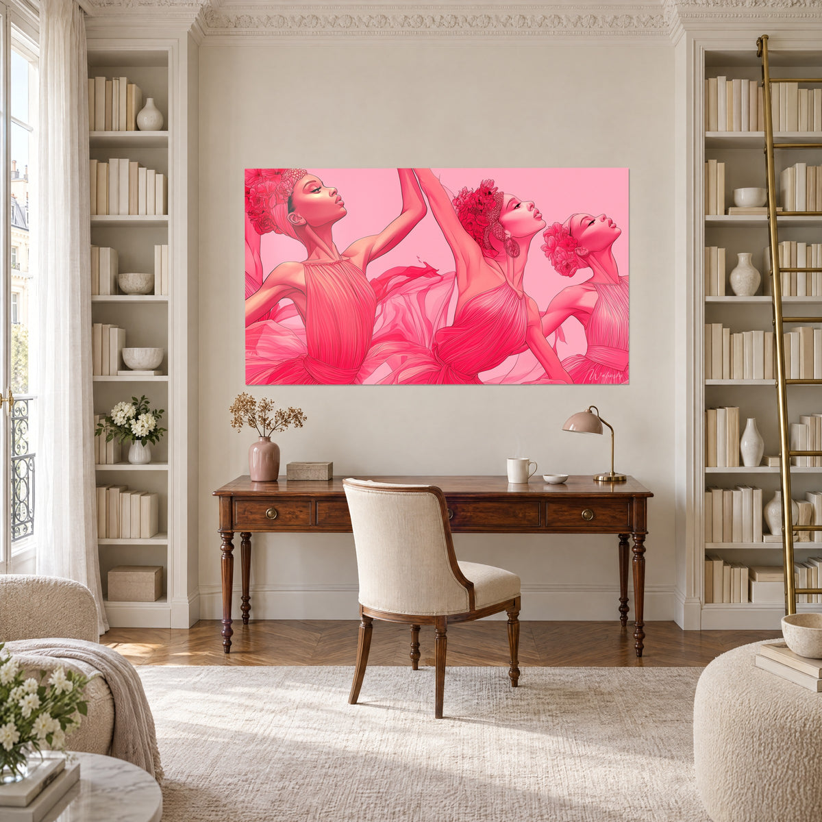 Gemälde drei elegante Tänzerinnen in himbeerrosa und hellrosa Outfits, Arme zum Himmel gestreckt, Holzschreibtisch und Bücherregale