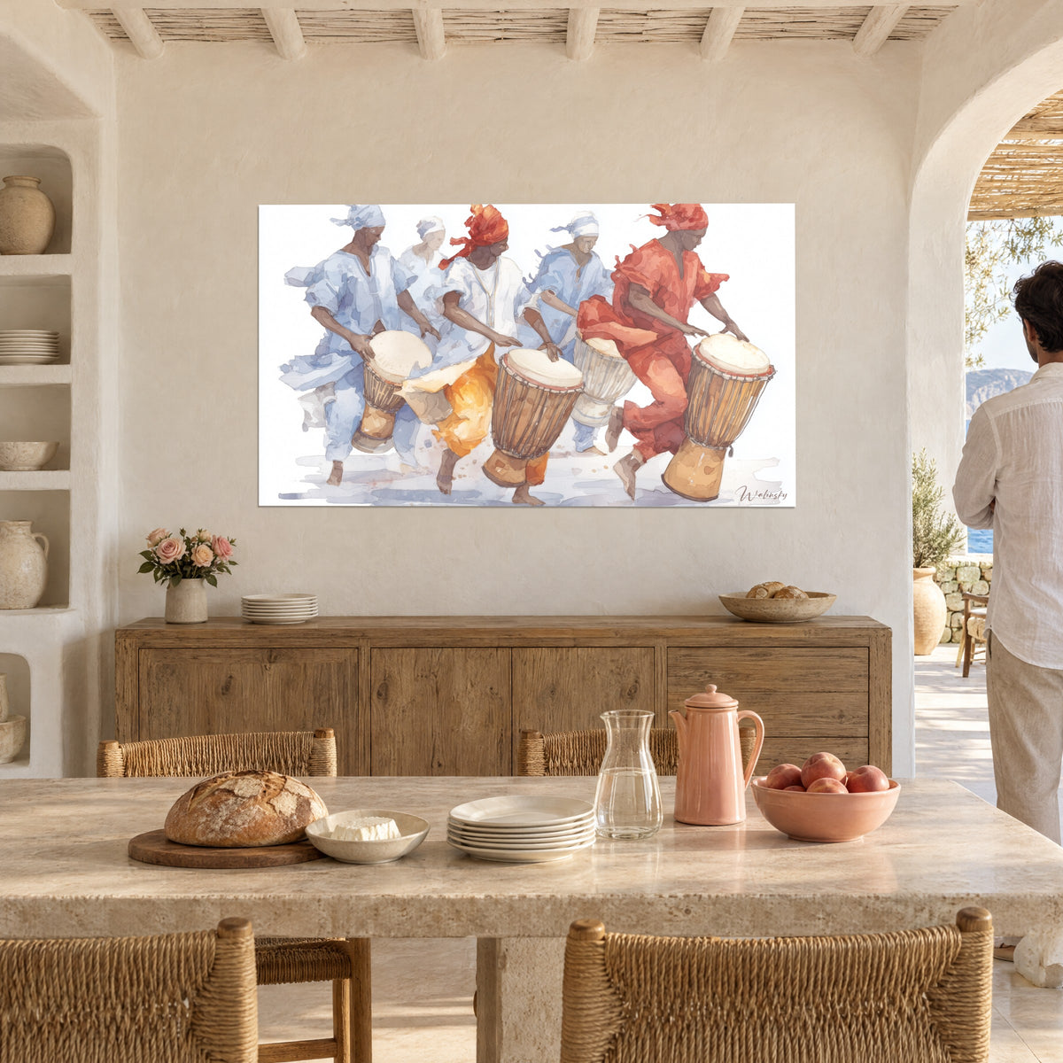 Quadro Cerimonia di djembé dipinta ad acquerello, abiti lavanda e rosso mattone, ideale da ammirare in coppia in soggiorno