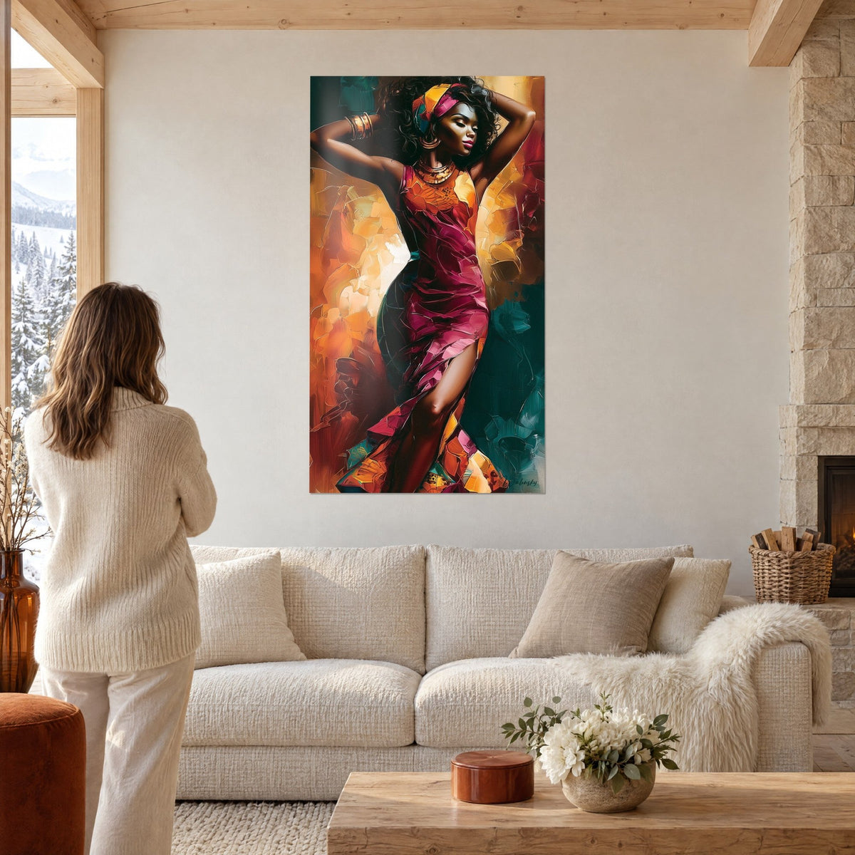 Tableau danseuse en robe bordeaux, bras levés, fond ocre et turquoise, au-dessus d'un canapé dans un salon lumineux