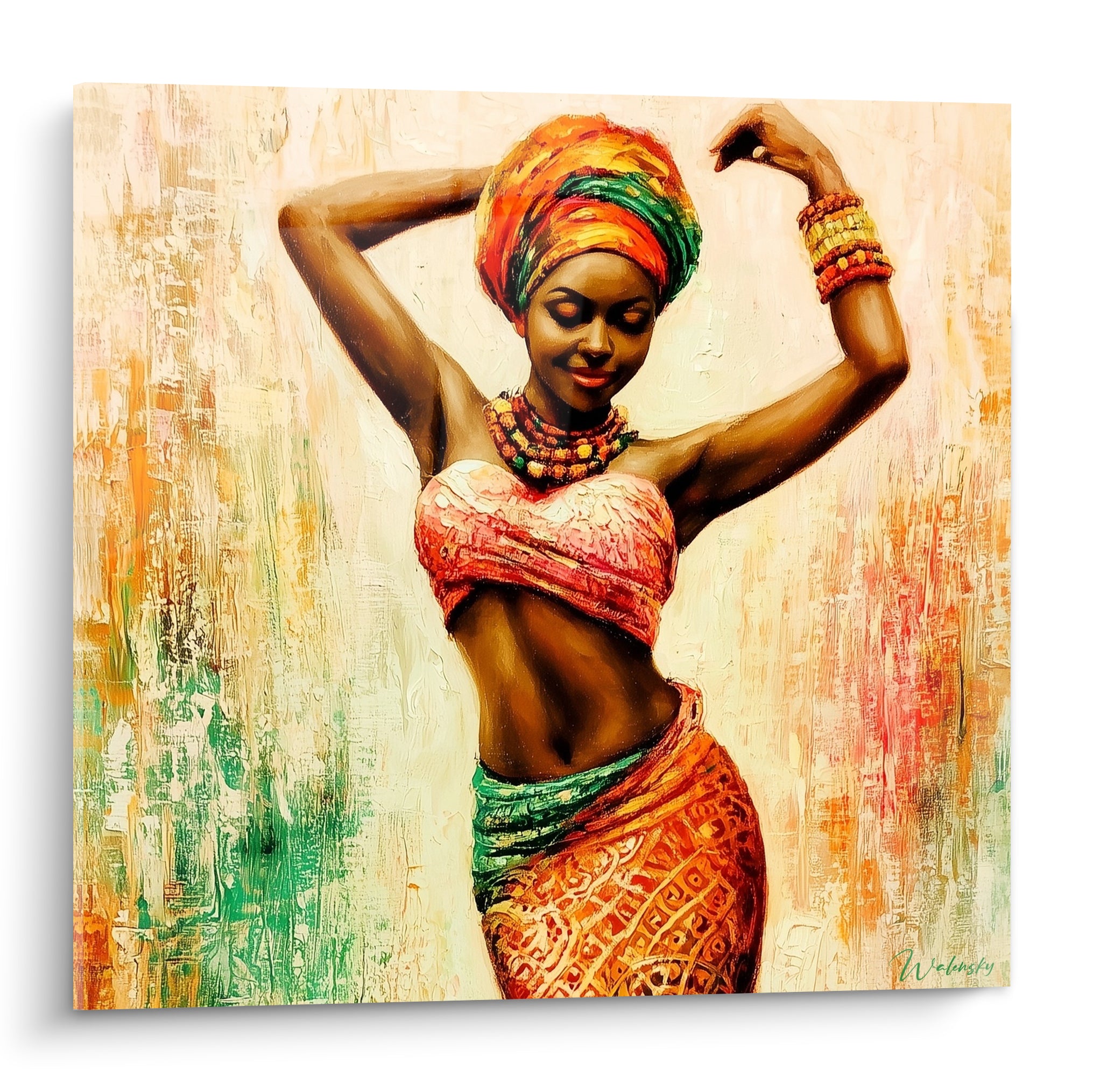 Danseuse africaine bras levés, turban orange et vert, paréo ocre texturé façon peinture à l'huile