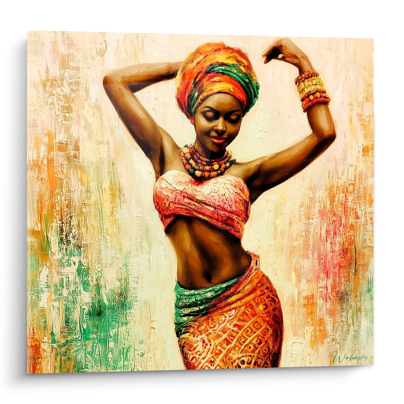 Tableau Danseuse aux bras levés turban orange - Élan de fierté - Edition Danse africaine