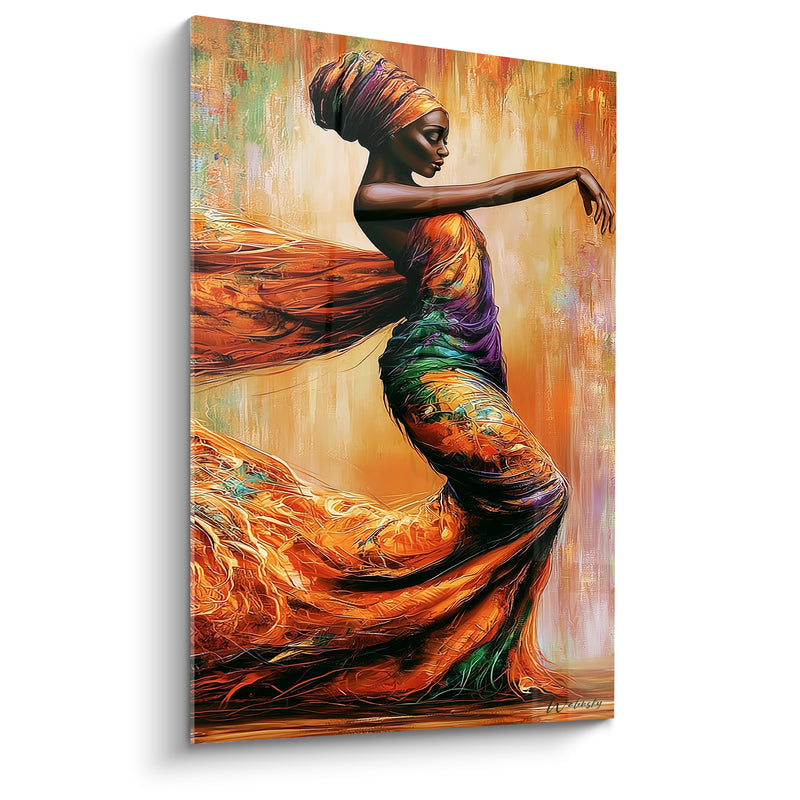 Tableau Danseuse robe orange et violette aux mèches effilées - Turban strié filaments - Edition Danse africaine