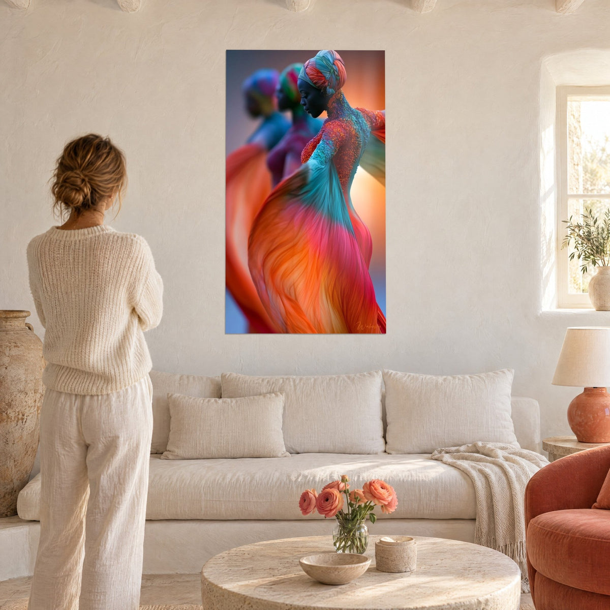 Tableau danseuse au turban orange et turquoise, robe fluide rose, une femme de dos le regarde au-dessus d'un canapé dans un salon lumineux